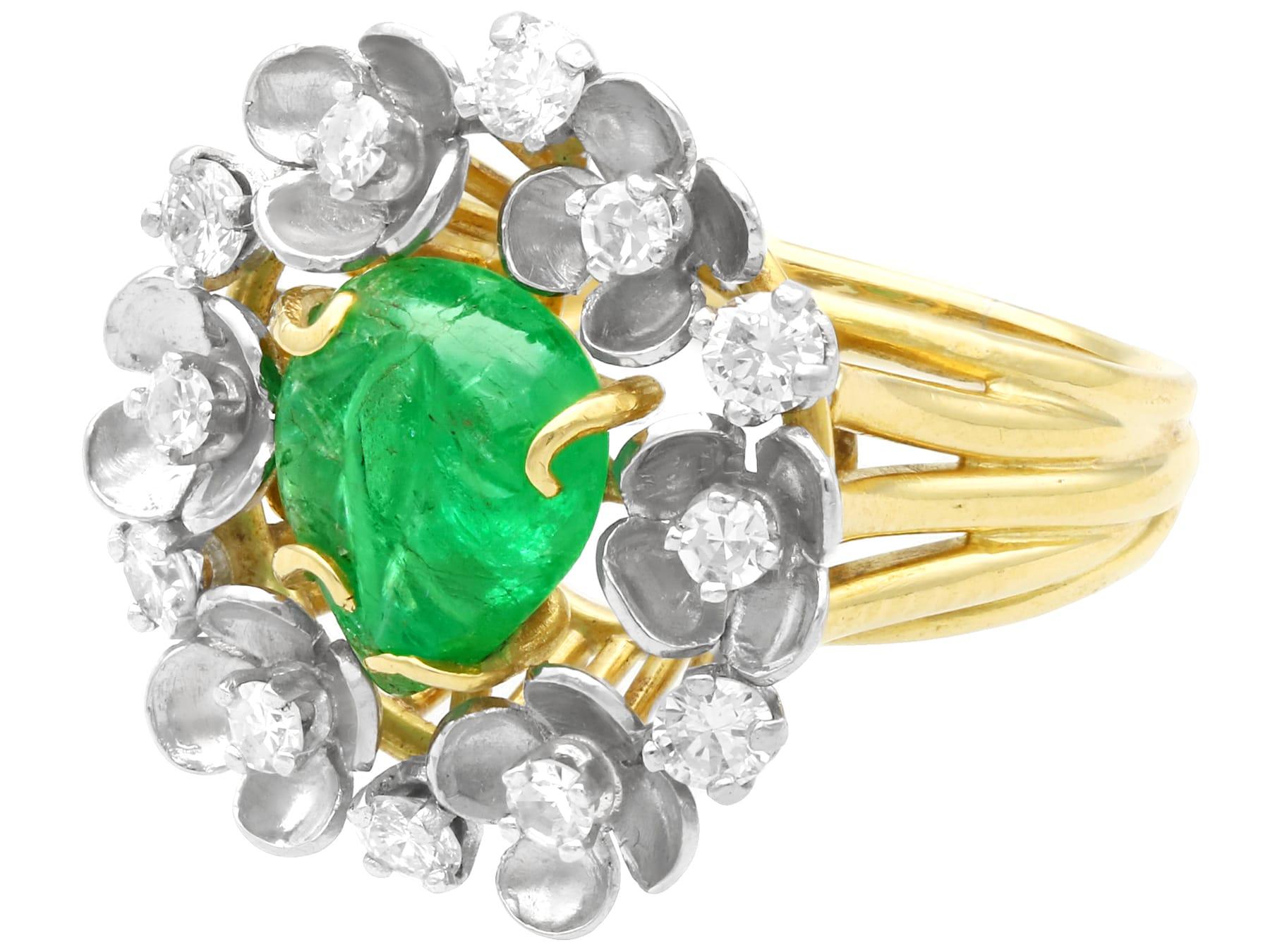 Cabochon Antique 1920s 2.42 Carat Emerald Diamond Gold Cocktail Cluster Ring For Sale
