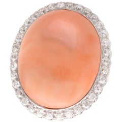 Antique 1920s 26.86 Carat Pink Coral and 1.80 Carat Diamond Gold Cocktail Ring