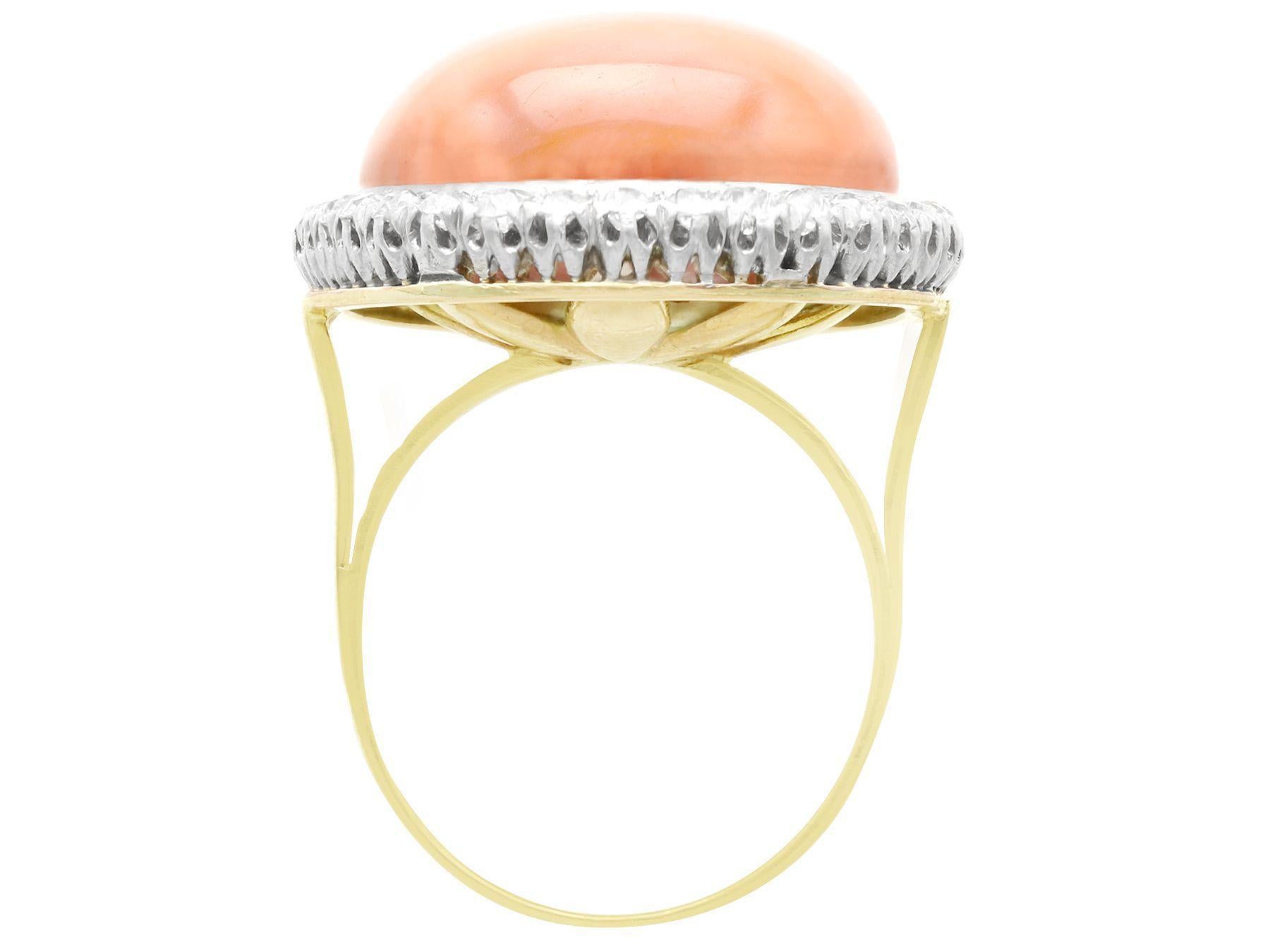 Round Cut 1920s 26.86Ct Cabochon Cut Pink Coral and 1.80Ct Diamond Cocktail Ring For Sale