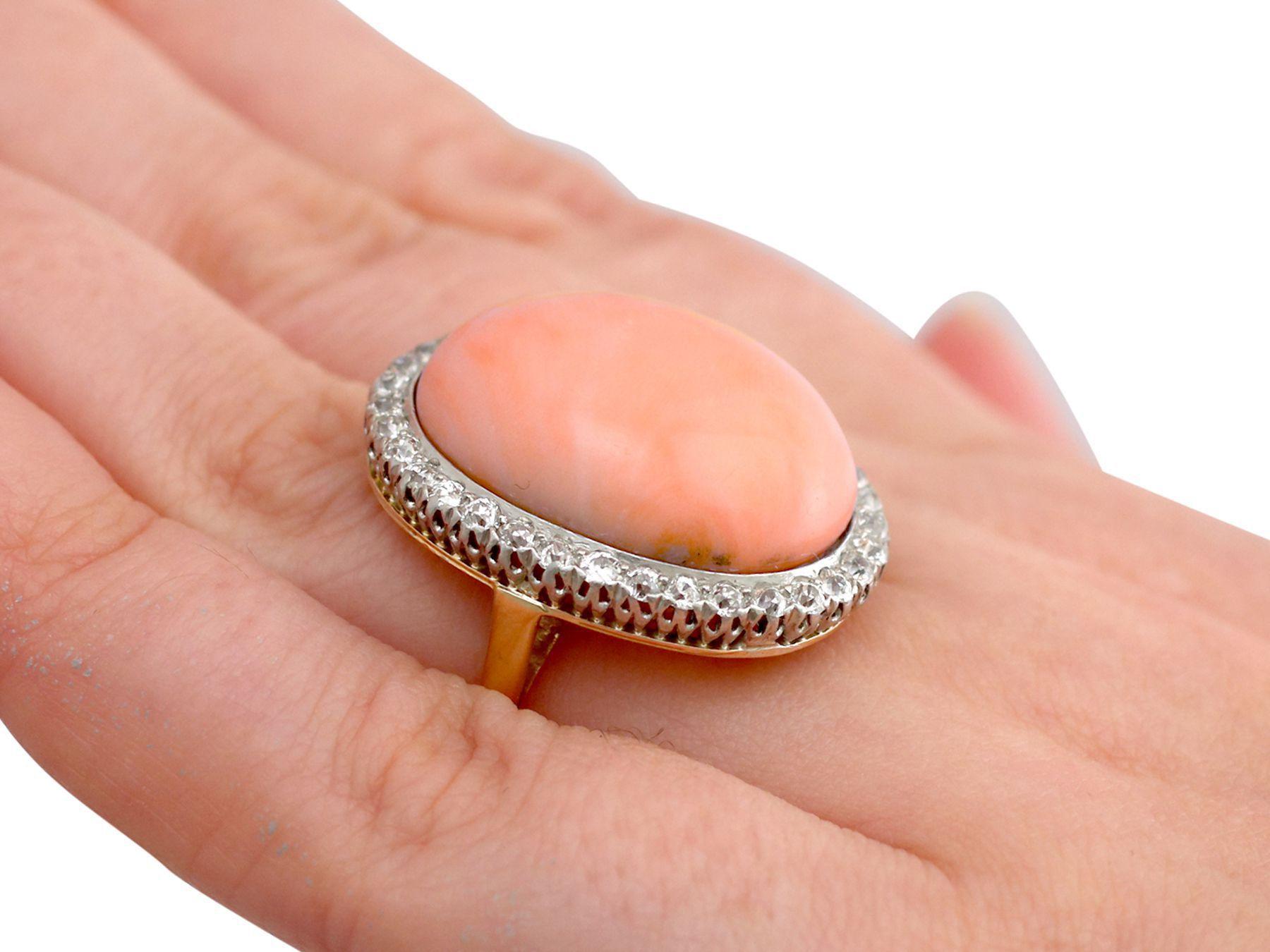 Women's 1920s 26.86Ct Cabochon Cut Pink Coral and 1.80Ct Diamond Cocktail Ring For Sale