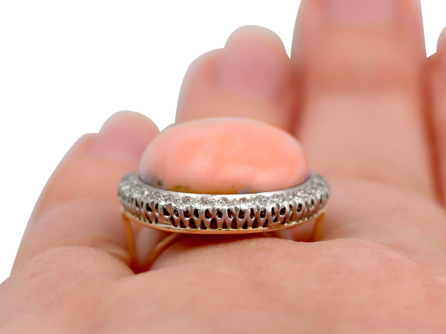 1920s 26.86Ct Cabochon Cut Pink Coral and 1.80Ct Diamond Cocktail Ring For Sale 1