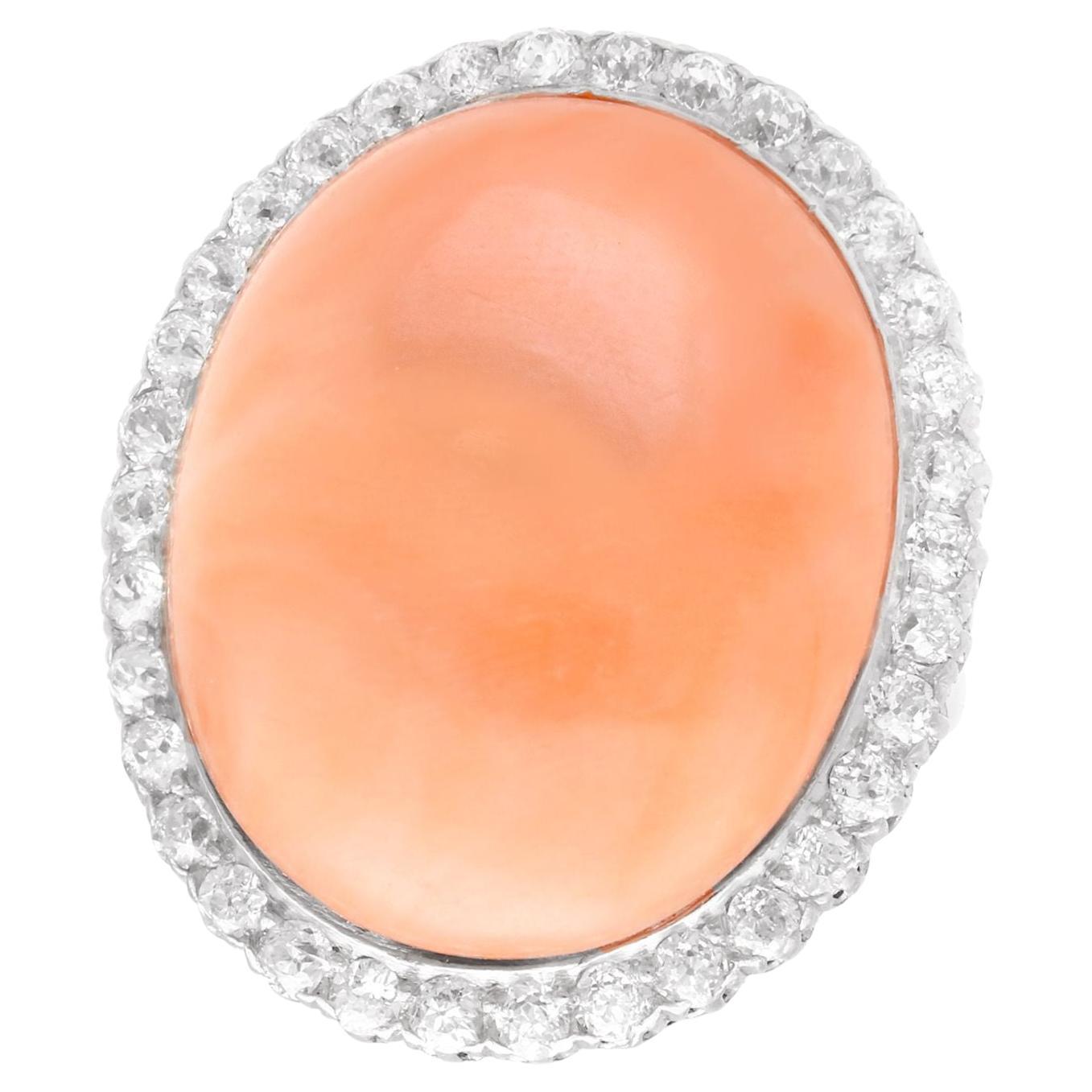 1920s 26.86Ct Cabochon Cut Pink Coral and 1.80Ct Diamond Cocktail Ring For Sale