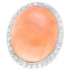 Antique 1920s 26.86Ct Cabochon Cut Pink Coral and 1.80Ct Diamond Cocktail Ring