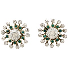 Antique 1920s 3.50 carat Diamond and Emerald Yellow Gold Stud Earrings