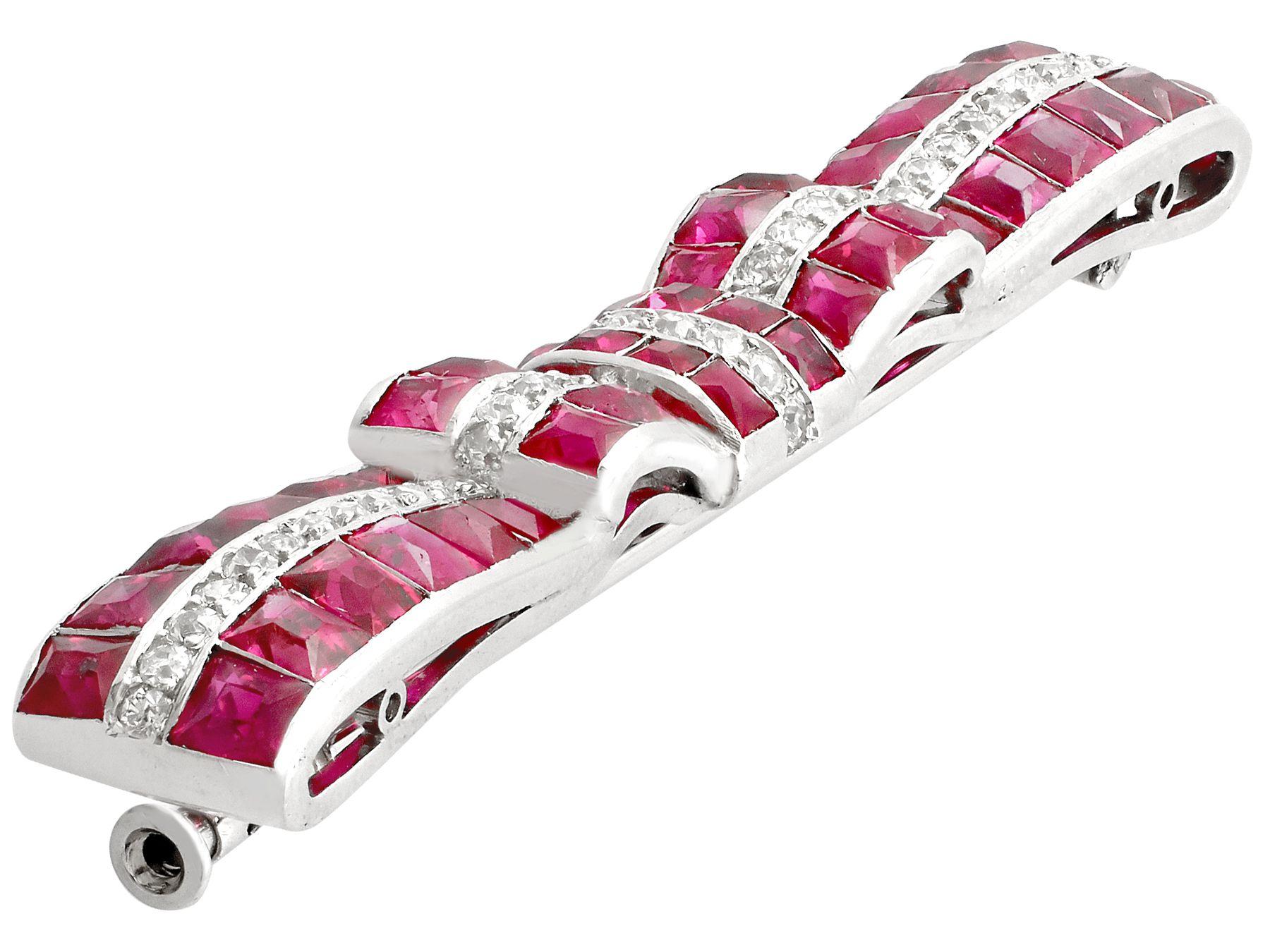 Square Cut Antique 1920s 6 Carat Ruby and 1.31 Carat Diamond Platinum Bow Brooch For Sale