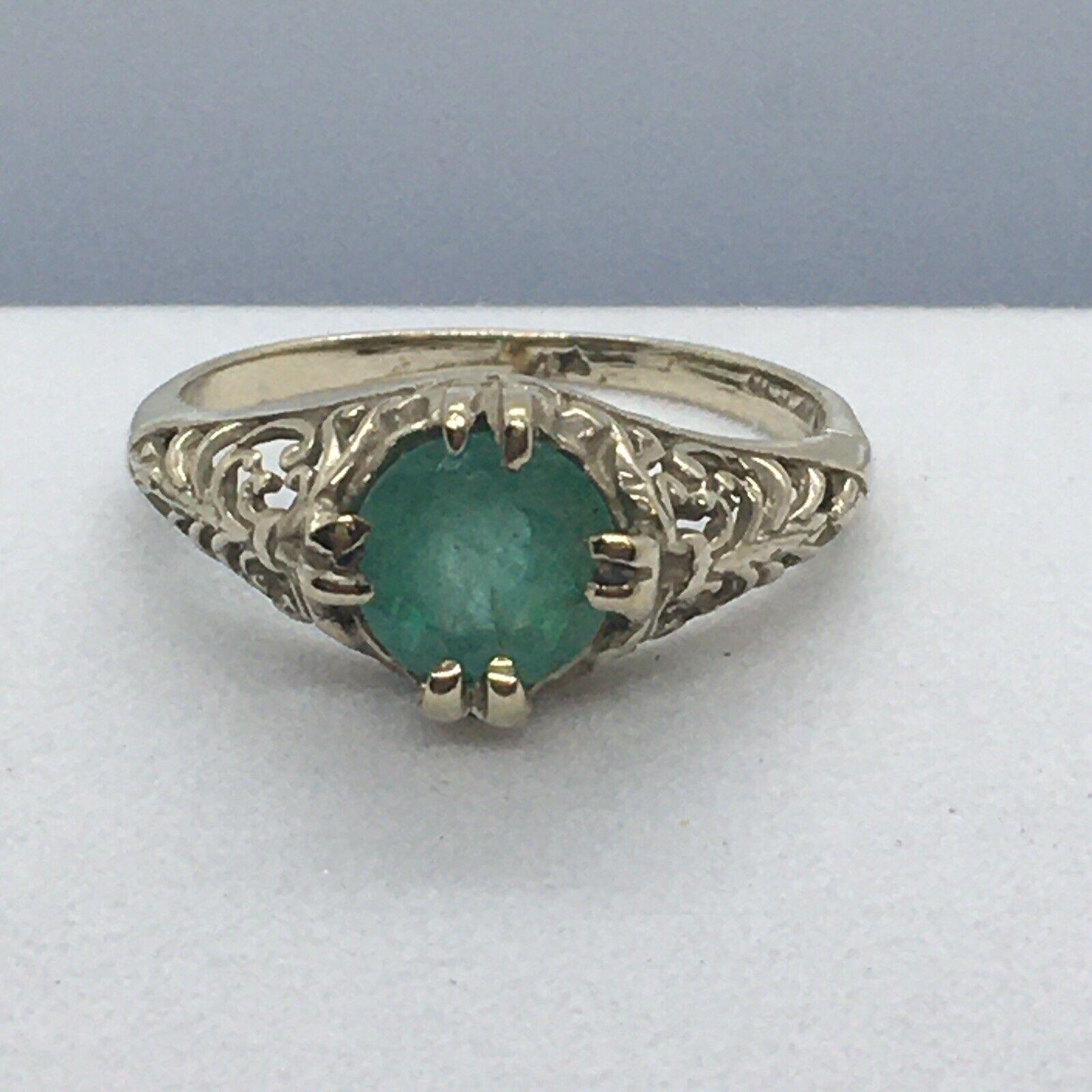 Art Deco Antique 1920s Round Colombian Emerald 14k White Gold Filigree Ring