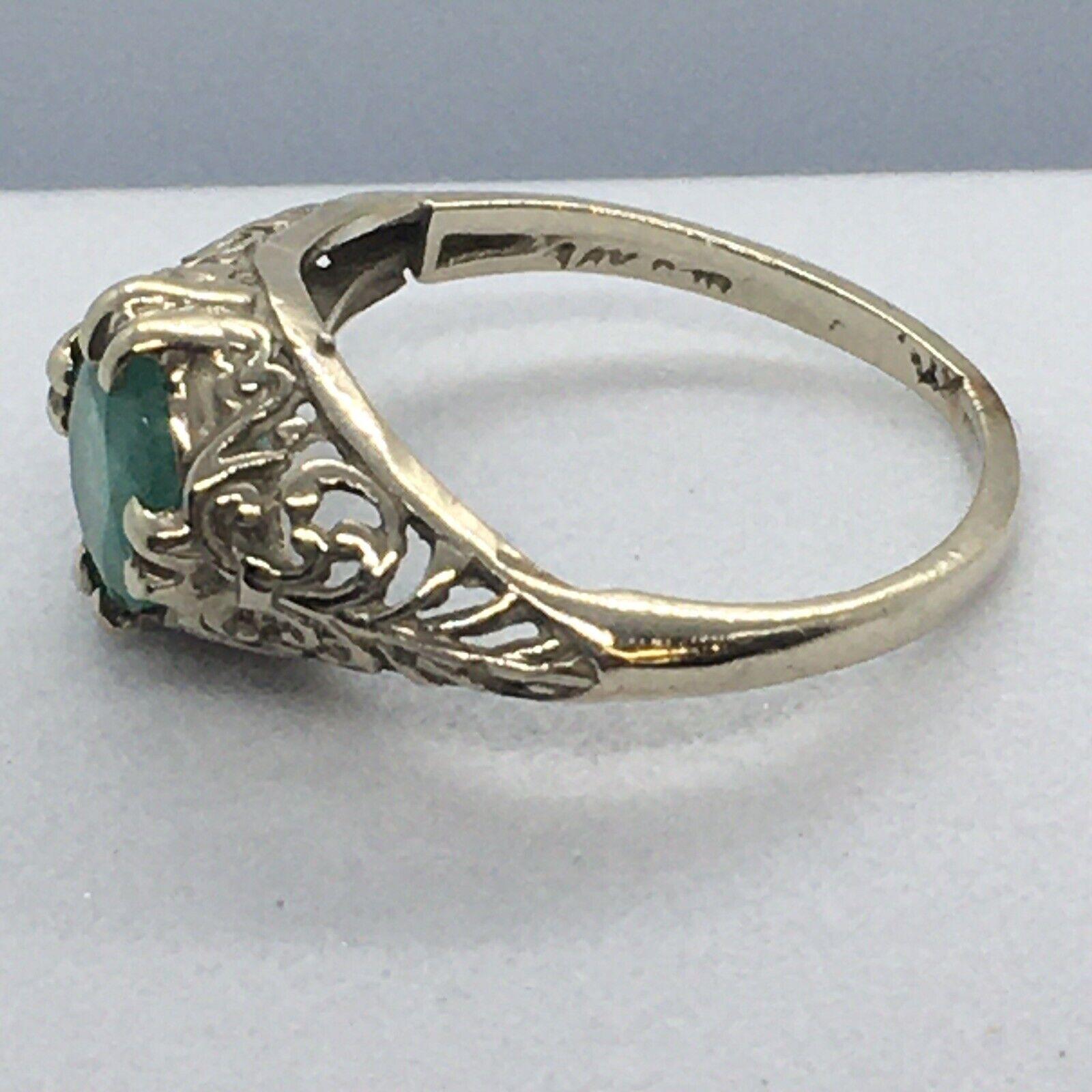 Round Cut Antique 1920s Round Colombian Emerald 14k White Gold Filigree Ring