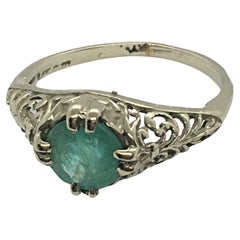 Antique 1920s Round Colombian Emerald 14k White Gold Filigree Ring