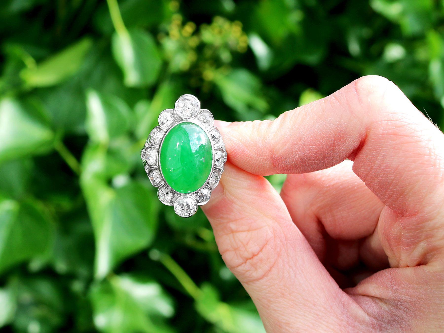 A stunning, fine and impressive antique 9.07 carat jadeite and 2.84 carat diamond, platinum set dress ring; part of our diverse antique jewelry and estate jewelry collections

This stunning antique ring has been crafted in platinum.

The oval shaped