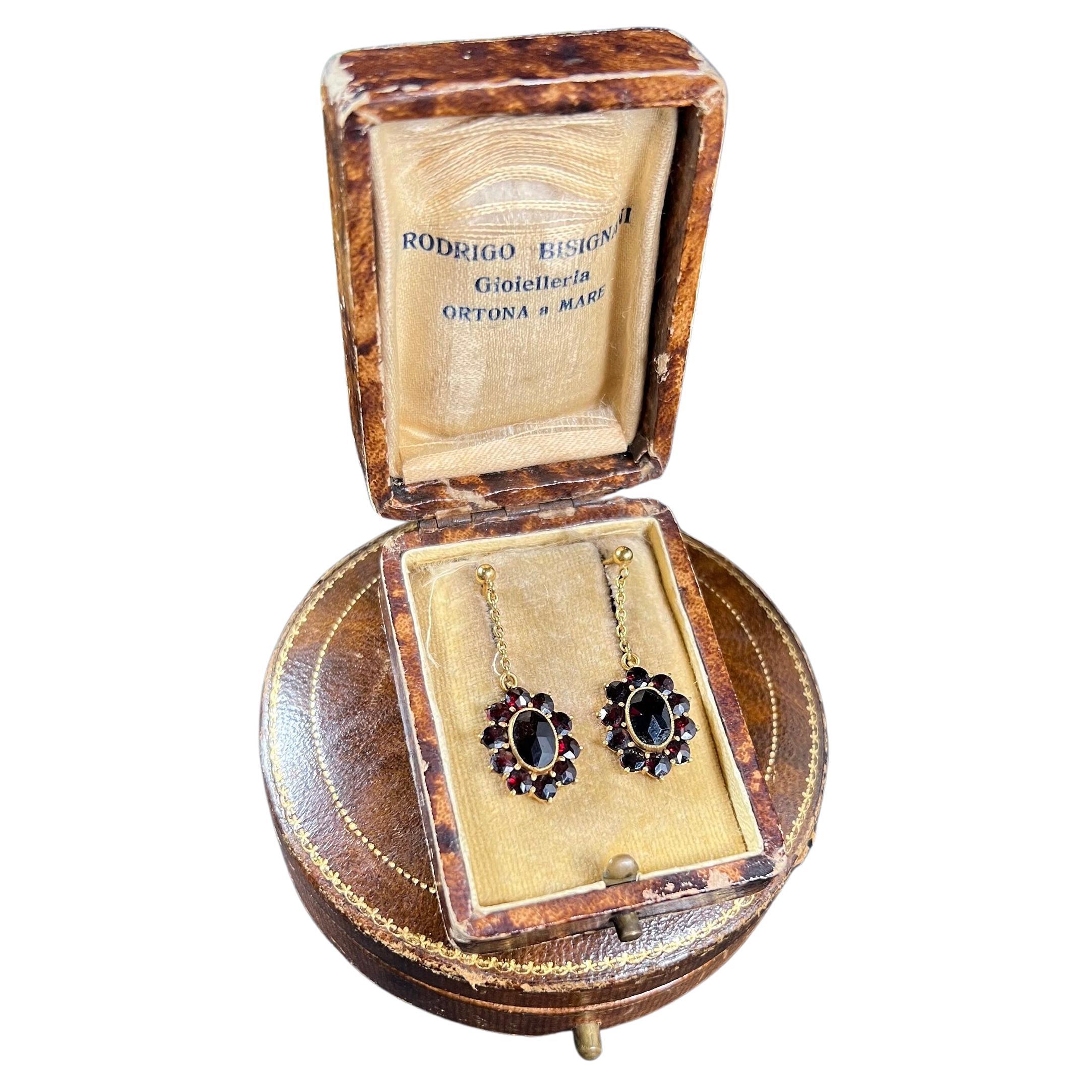 Antique 1920’s, 9ct Gold Bohemian Garnet Cluster Drop Earrings For Sale