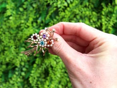 Antique 1920s 9k Yellow Gold Multi-Gemstone Seed Pearl Flower Brooch