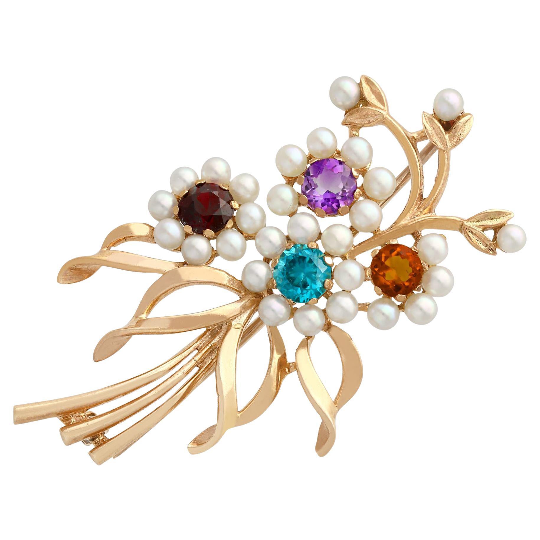 Antique 1920s 9k Yellow Gold Multi-Gemstone Seed Pearl Flower Brooch