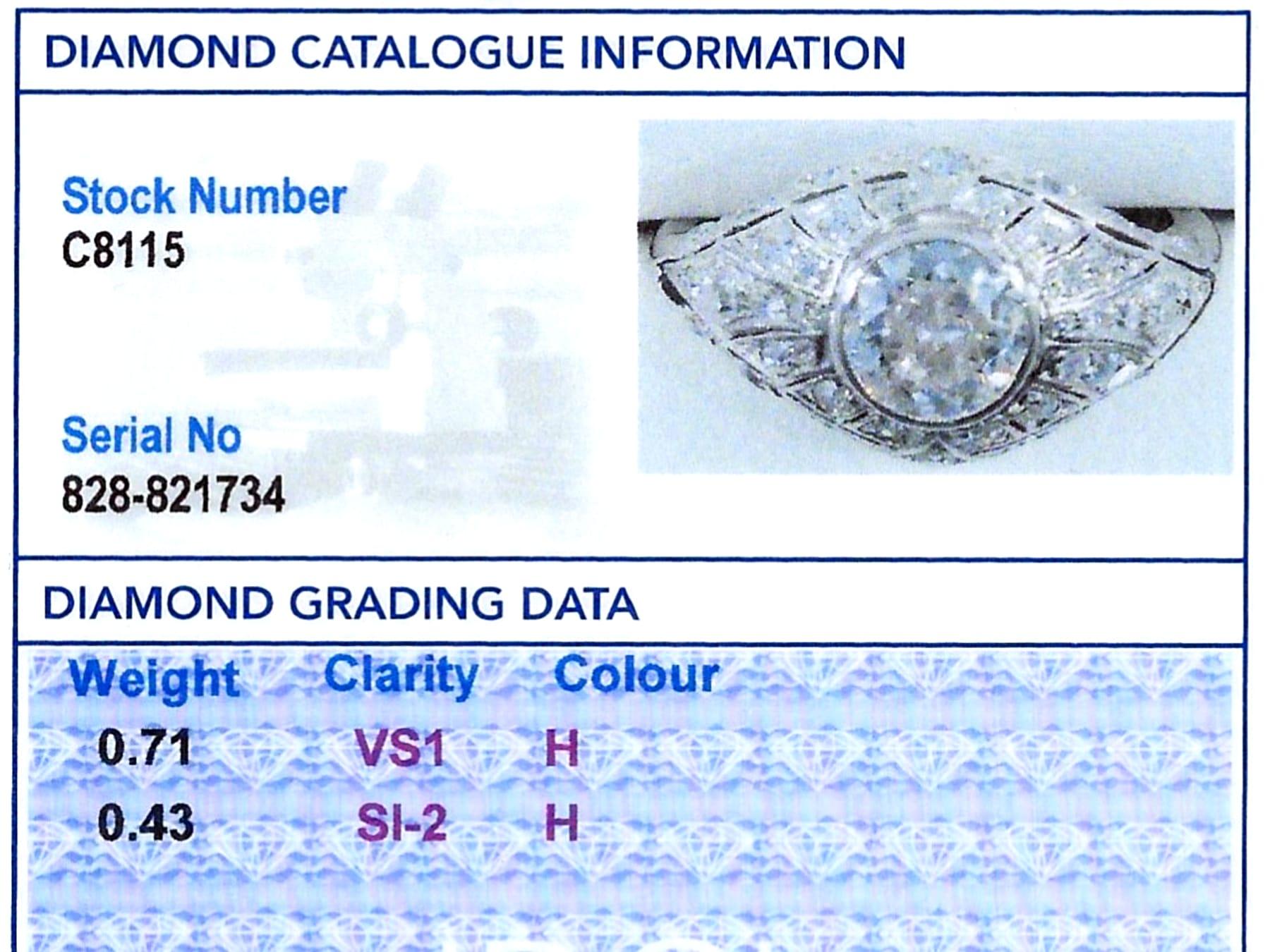 Antique 1920s Art Deco 1.14 Carat Diamond and Platinum Dress Ring For Sale 3