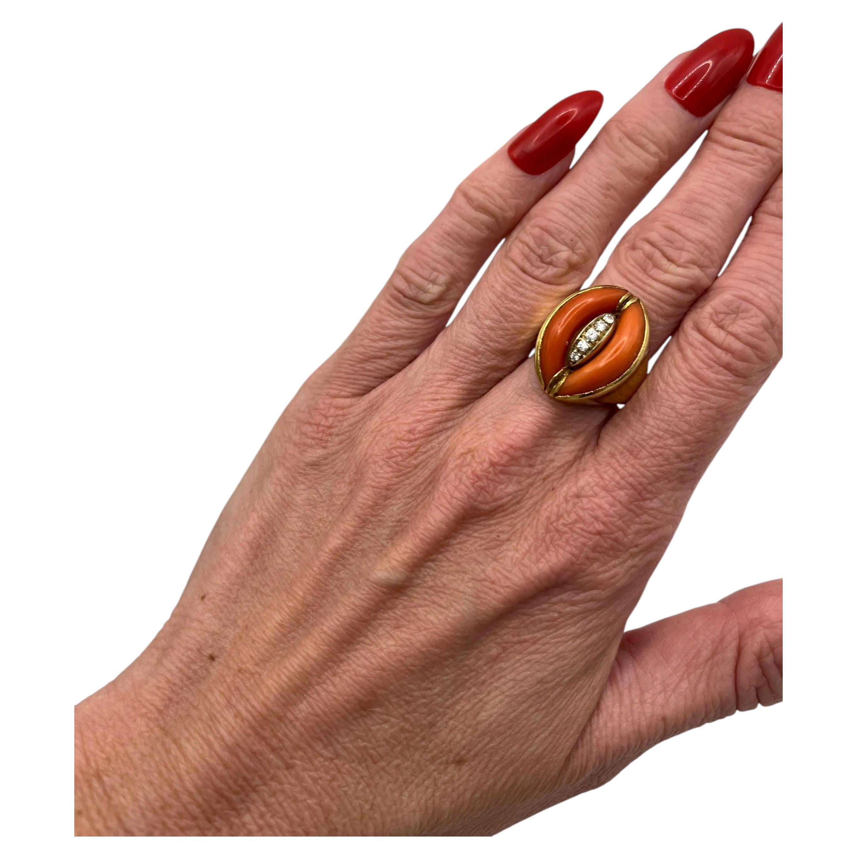 Antique 1920's Art Deco, 14ct Gold Coral Diamond Dome Ring For Sale