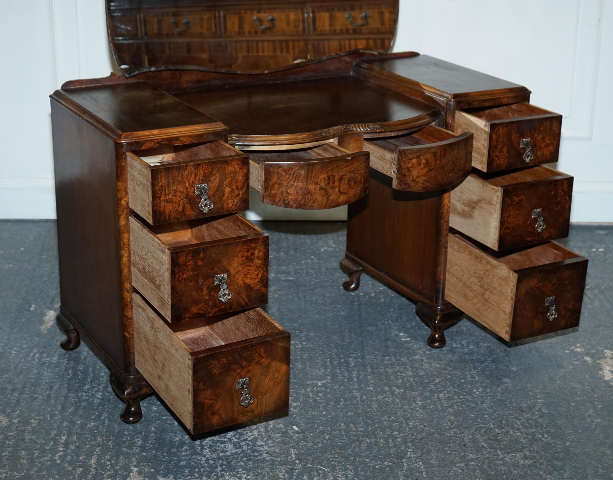 Walnut ANTIQUE 1920'S ART DECO BURR WALNUT DRESSING TABLE WITH LARGE MiRROR For Sale