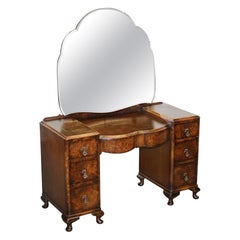 ANTIQUE 1920'S ART DECO BURR WALNUT DRESSING TABLE WITH LARGE MiRROR