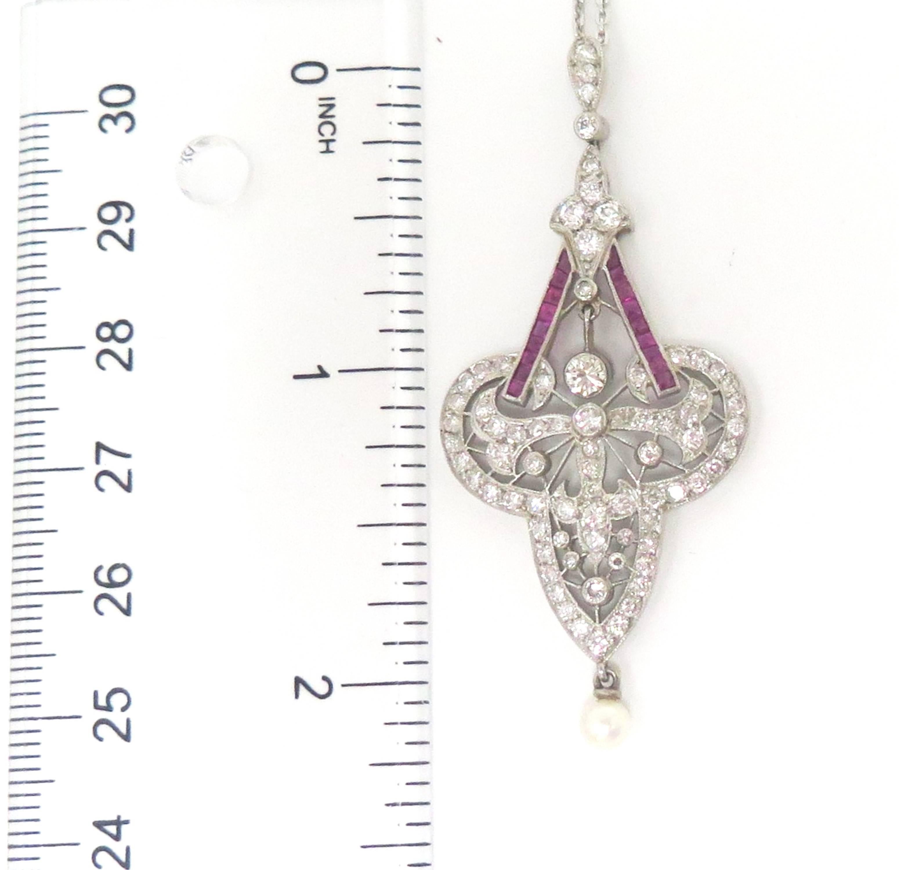 Antique 1920s Art Nouveau Pendant and Chain, Rubies, Diamonds and Platinum In Excellent Condition In Bellmore, NY