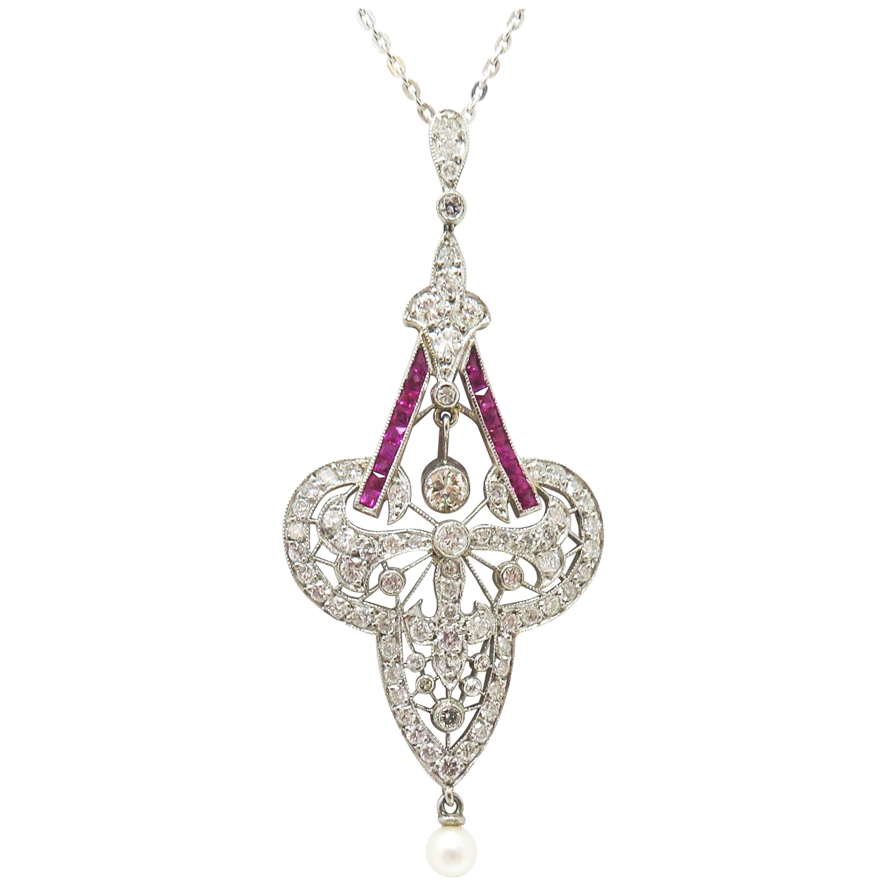Antique 1920s Art Nouveau Pendant and Chain, Rubies, Diamonds and Platinum