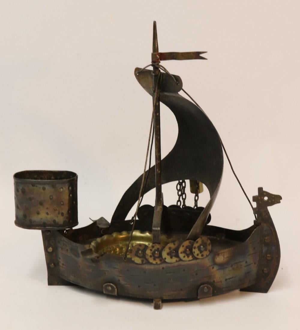 Steel Antique 1920s Arts & Crafts Smoking Compendium in the Form of a Viking Boat
