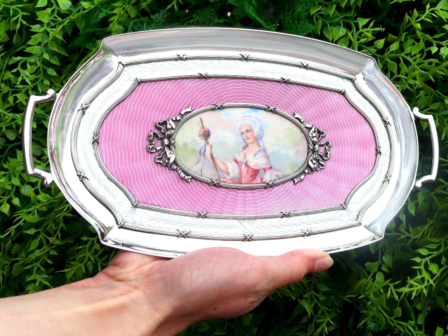 An exceptional, fine and impressive antique Austrian silver and enamel boudoir tray; an addition to our continental silver collection.

This exceptional antique Austrian silver boudoir tray has an oval shaped form.

The surface of this antique tray