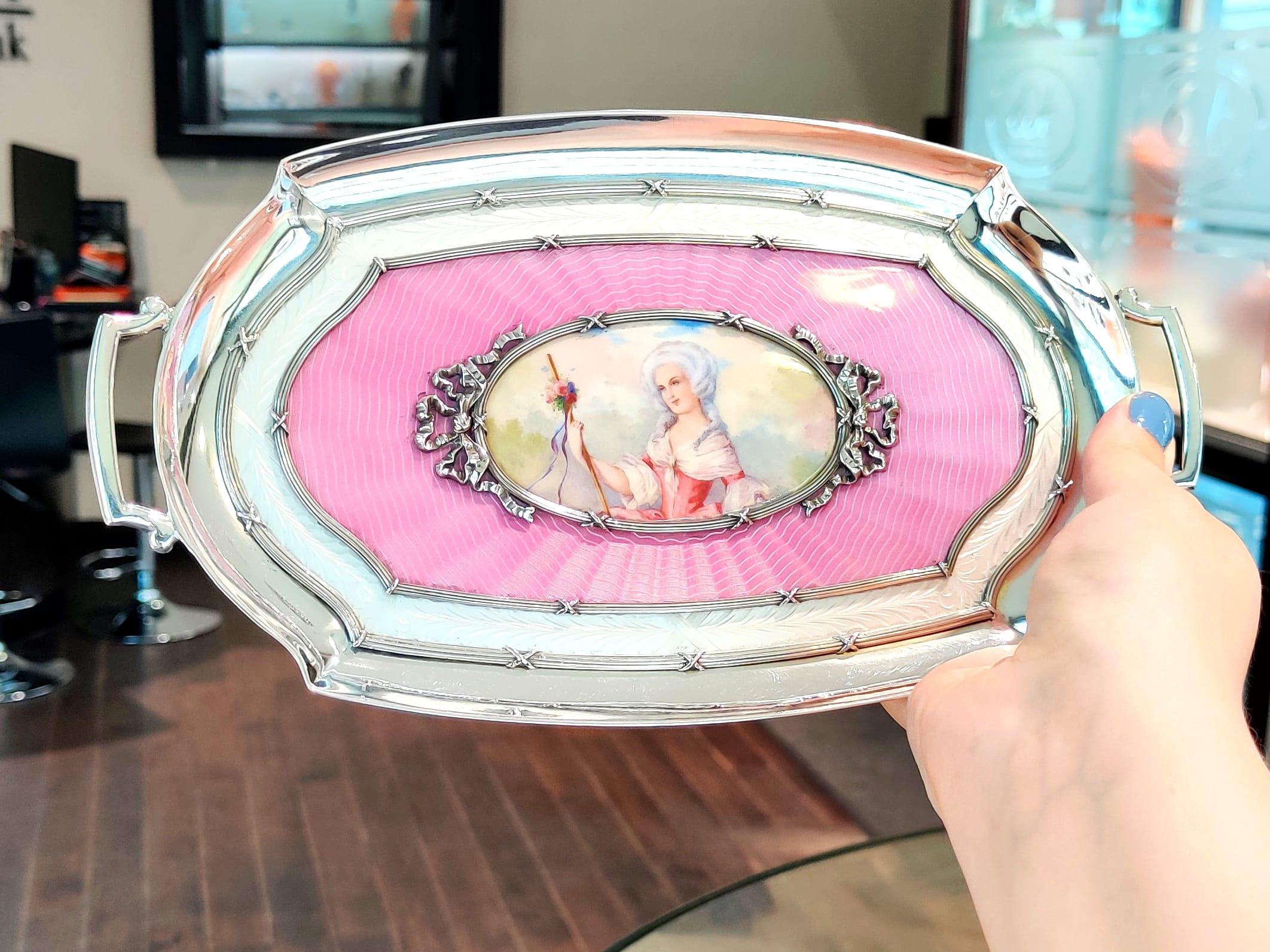 Bandeja de tocador austriaca antigua de los años 20 de plata y esmalte principios del siglo XX en venta