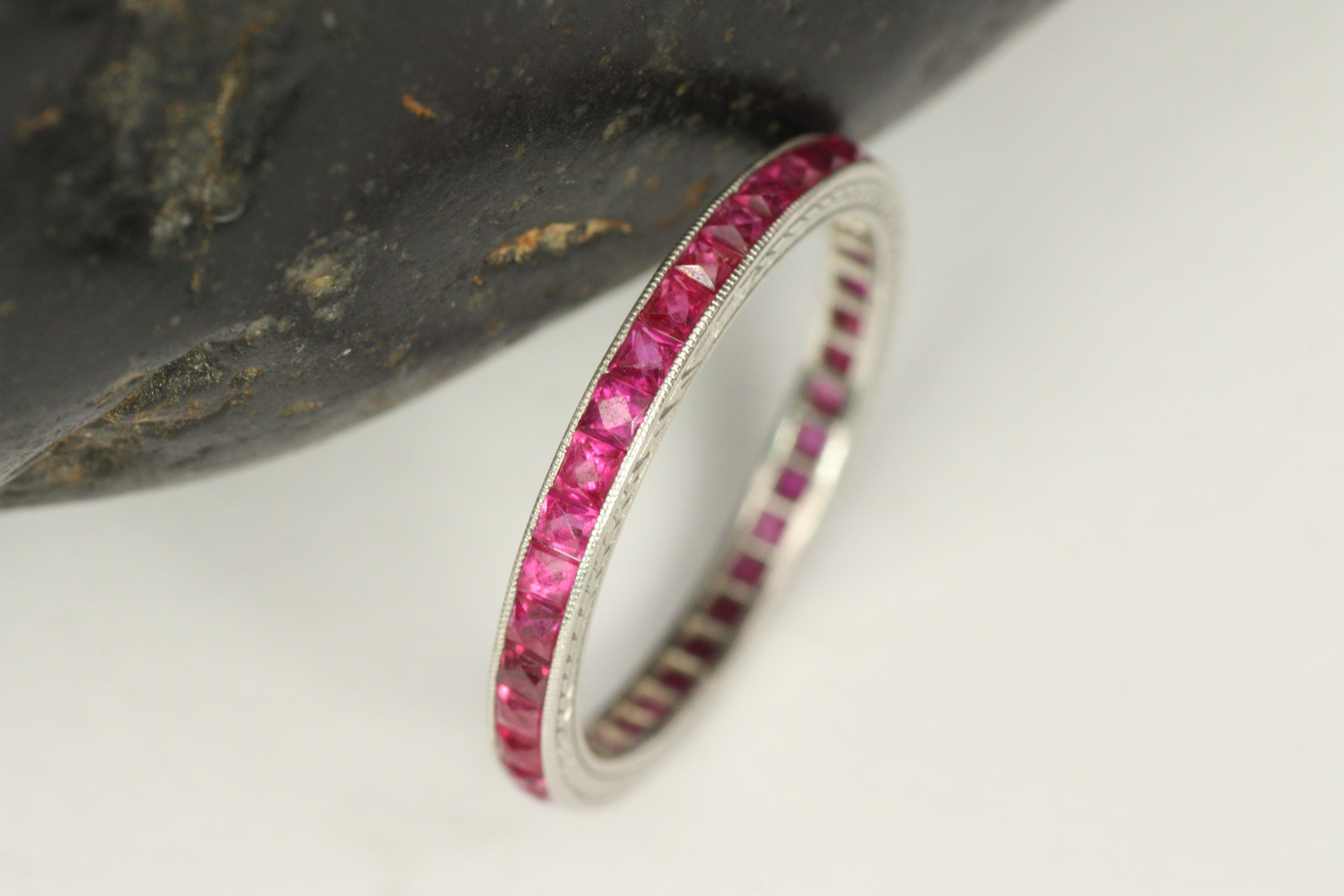 French Cut Antique 1920s Burmese Ruby Platinum Engraved Eternity Ring For Sale