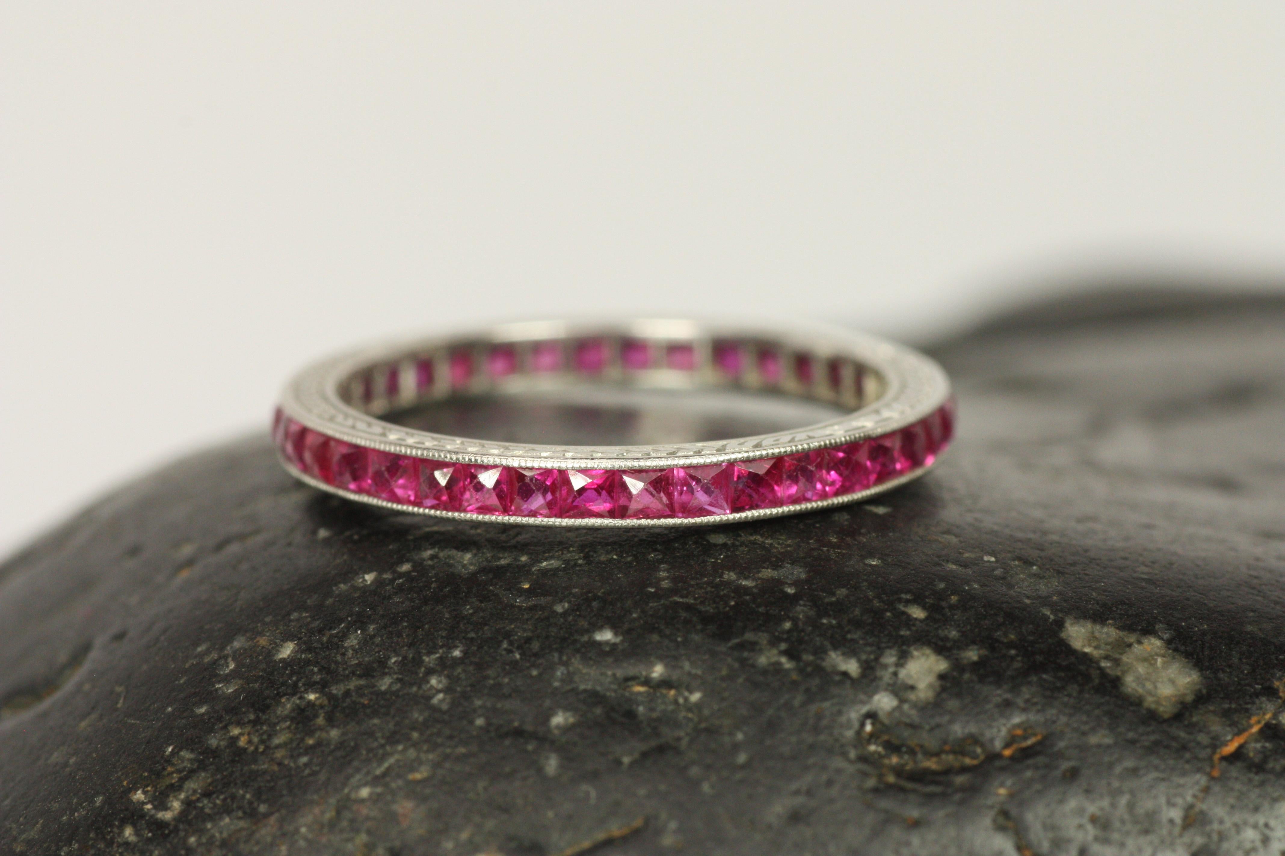 Women's Antique 1920s Burmese Ruby Platinum Engraved Eternity Ring For Sale