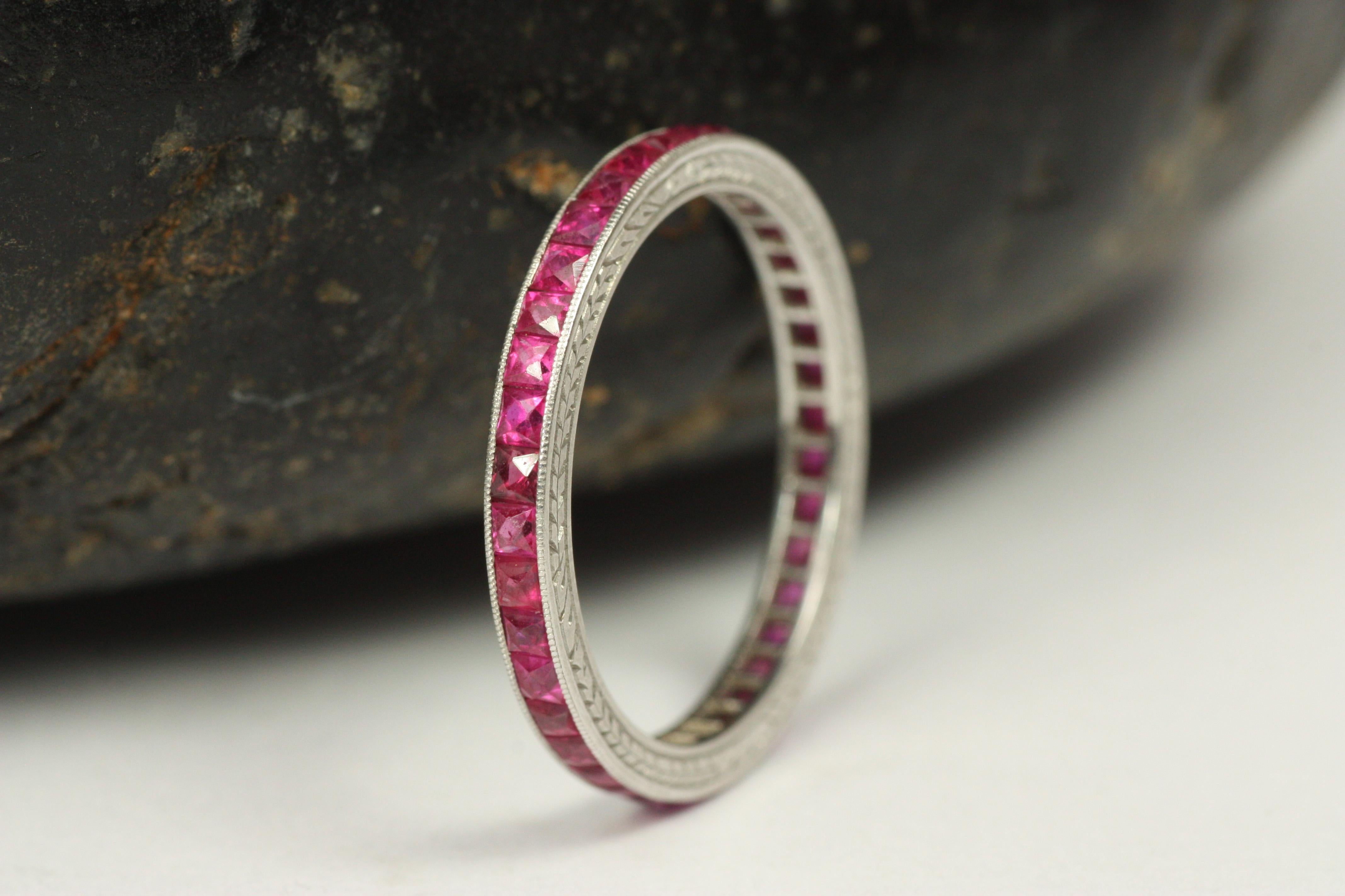 Antique 1920s Burmese Ruby Platinum Engraved Eternity Ring For Sale 1
