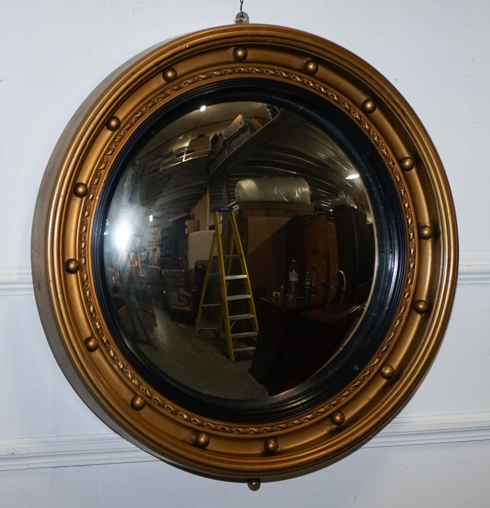 British ANTIQUE 1920'S BUTLERS CONVEX BLACK & GOLD GILT WOOD WALL MiRROR For Sale
