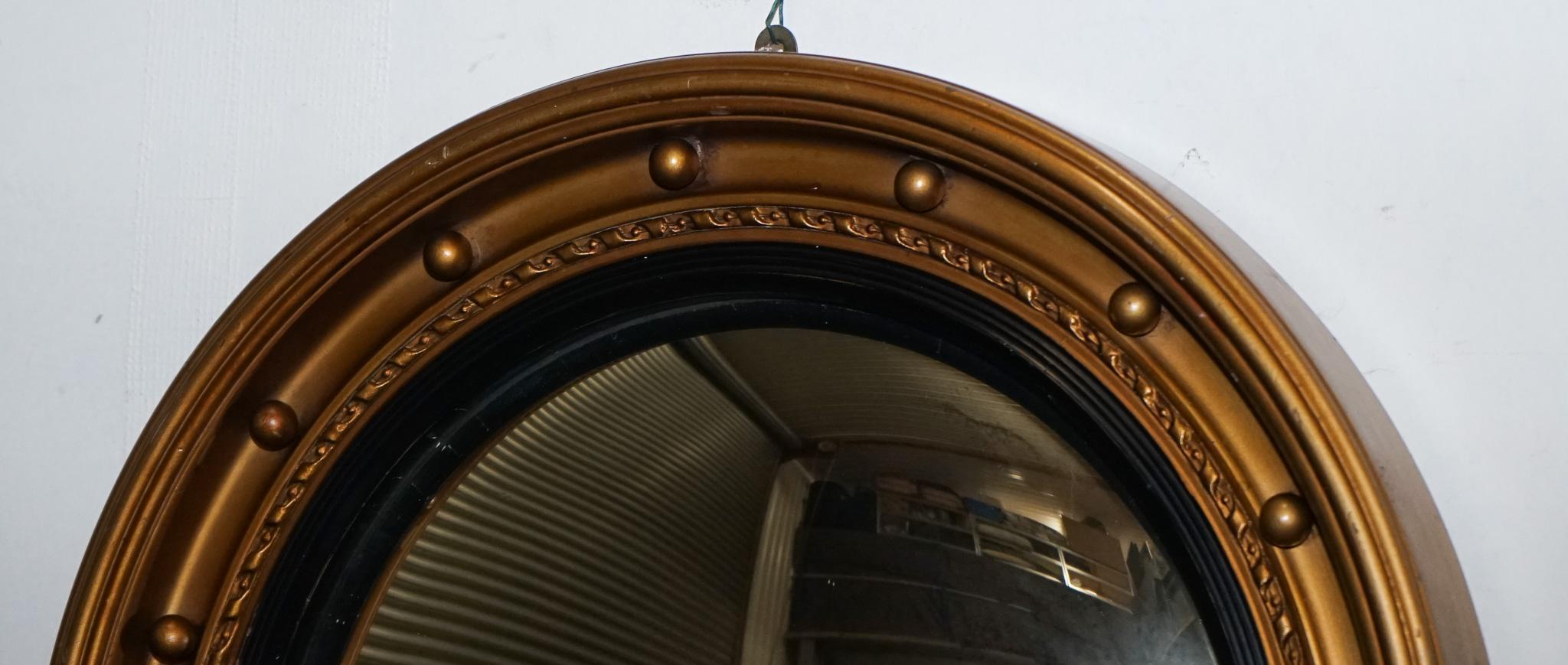 Mirror ANTIQUE 1920'S BUTLERS CONVEX BLACK & GOLD GILT WOOD WALL MiRROR For Sale