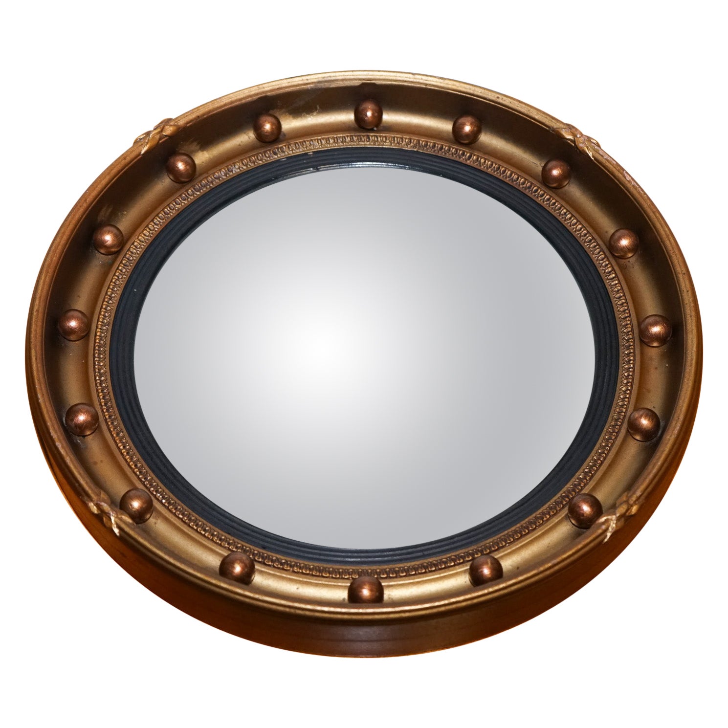 ANTIQUE 1920
S BUTLERS CONVEX GOLD GILT WOOD WALL MIRROR 42 CM DiAMETER For Sale