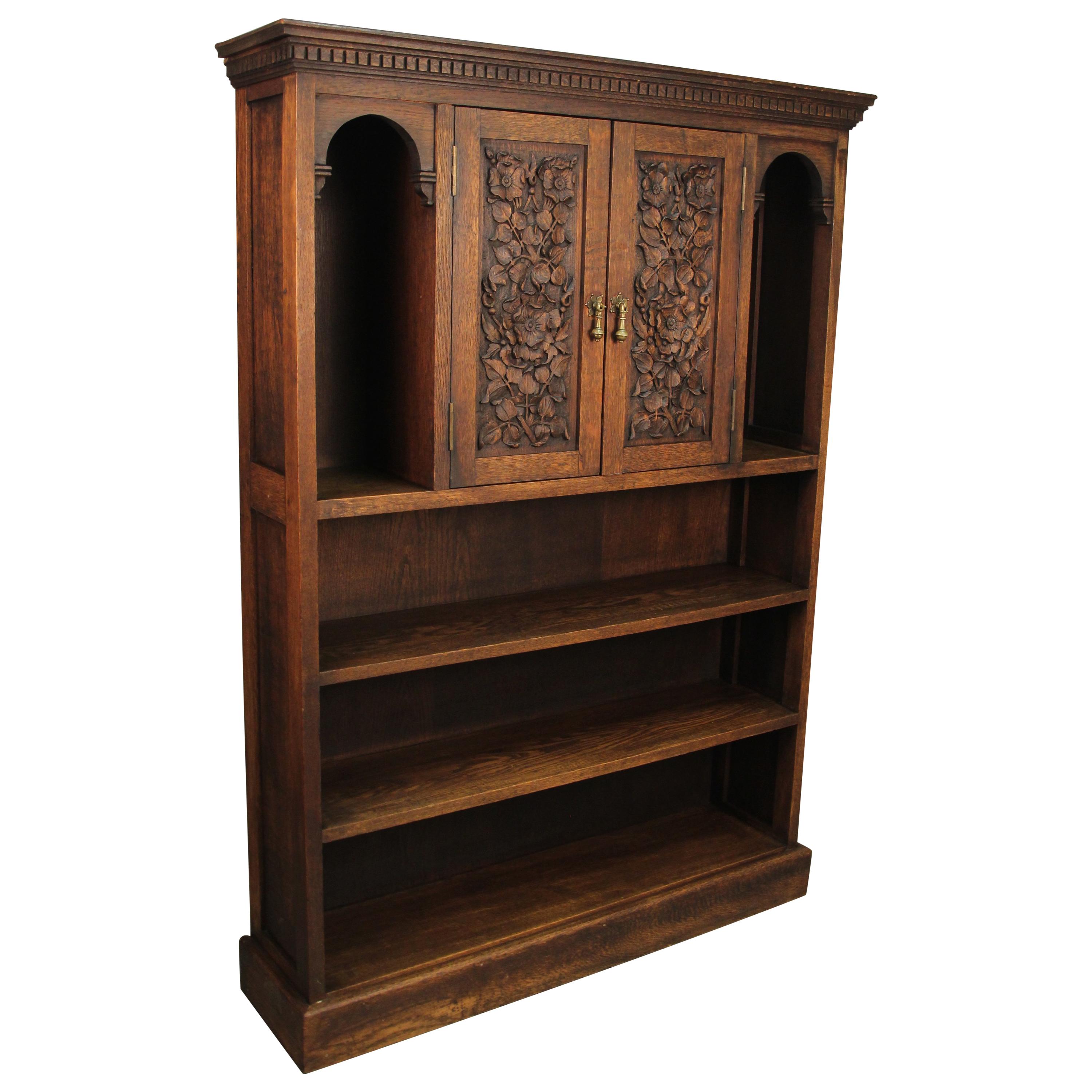Antique 1920s Carved Oak Bookcase with Storage