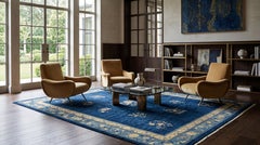 Antique 1920s Chinese Art Deco Rug in Deep Indigo Blue, Ochre and Cream Floral