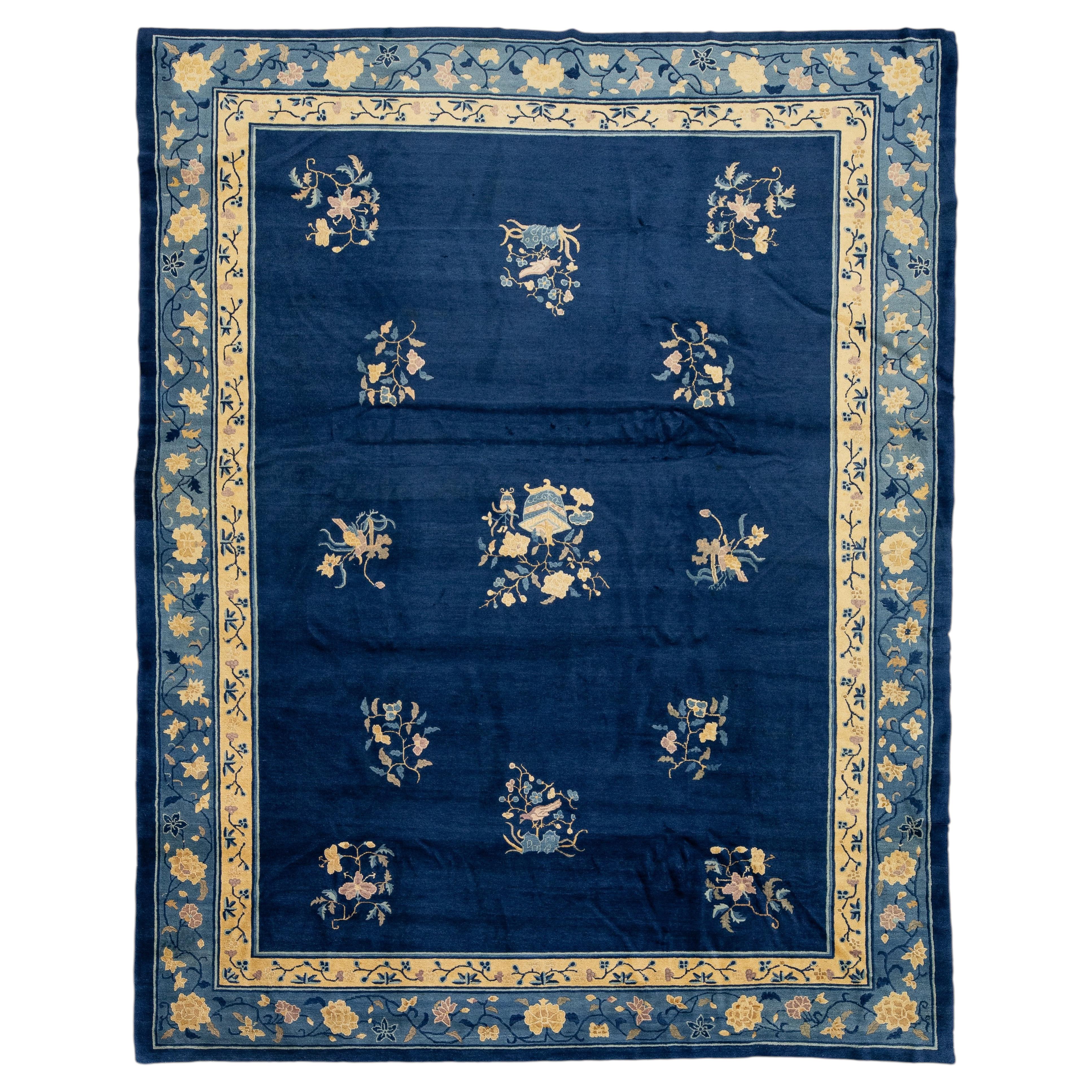 Antique 1920s Chinese Art Deco Rug in Deep Indigo Blue, Ochre and Cream Floral