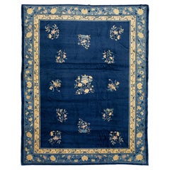 Antique 1920s Chinese Art Deco Rug in Deep Indigo Blue, Ochre and Cream Floral
