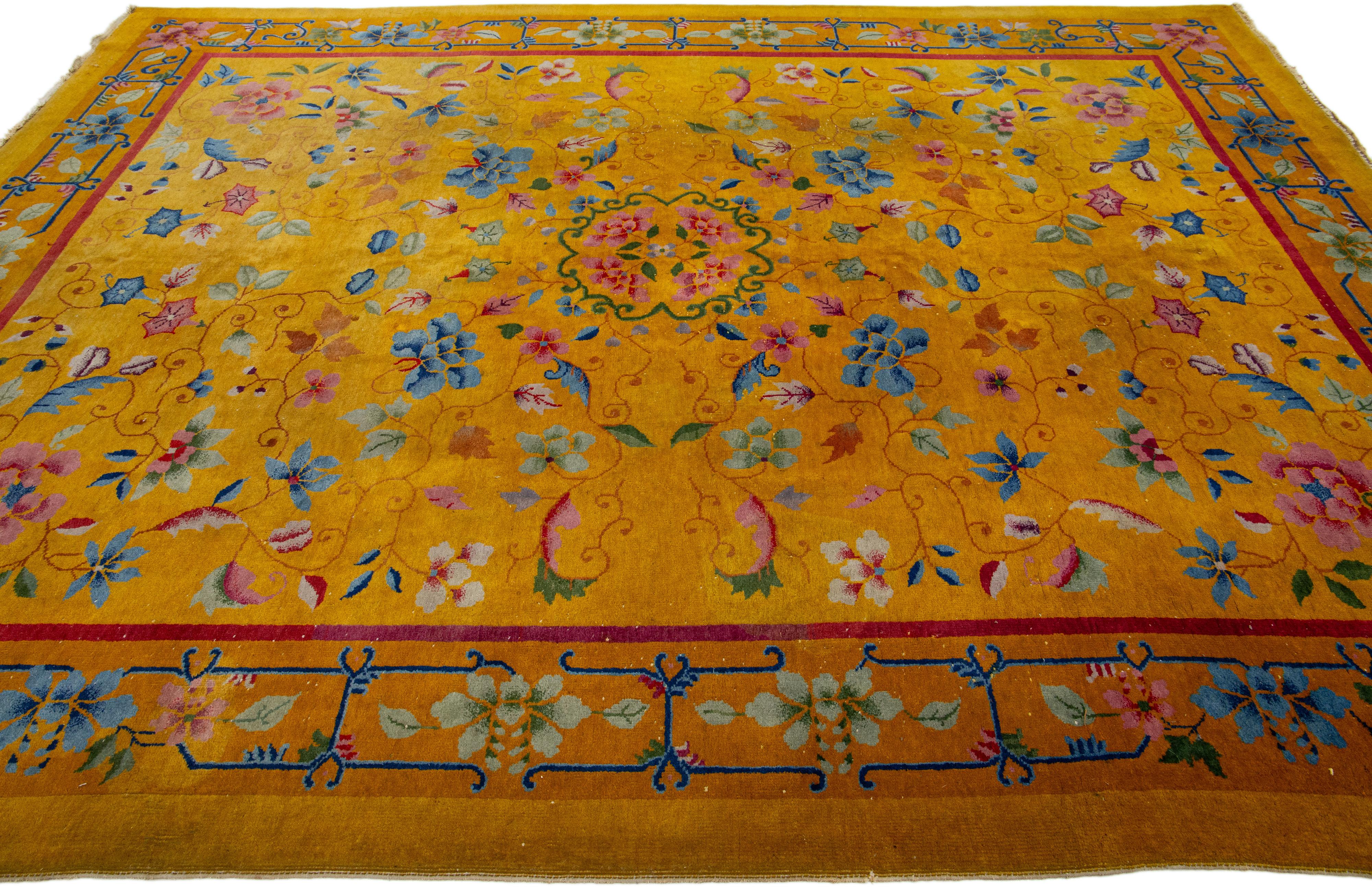 Hand-Knotted Antique 1920s Chinese Art Deco Rug In Goldenrod with Floral Motif For Sale