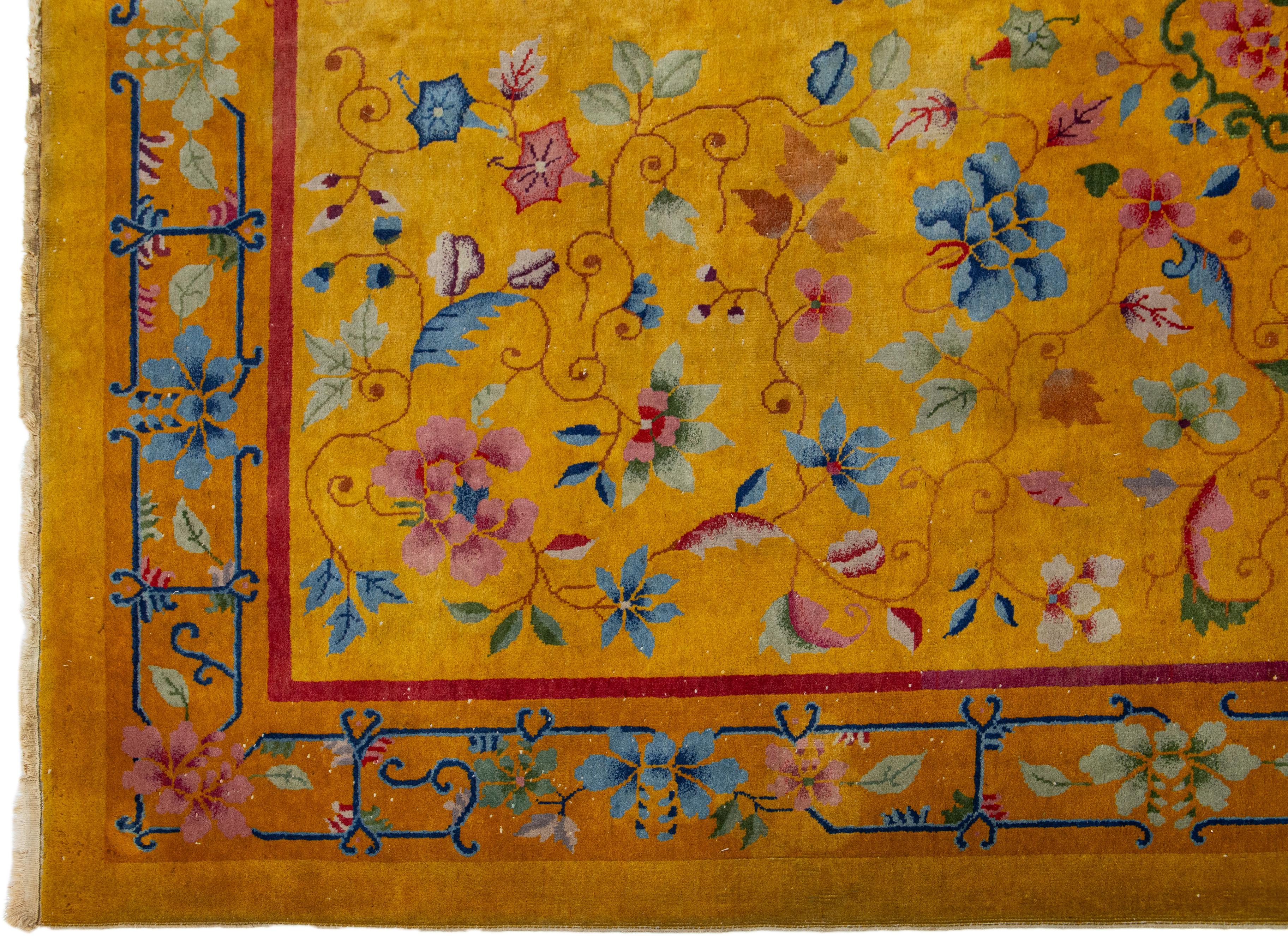 Antique 1920s Chinese Art Deco Rug In Goldenrod with Floral Motif In Good Condition For Sale In Norwalk, CT