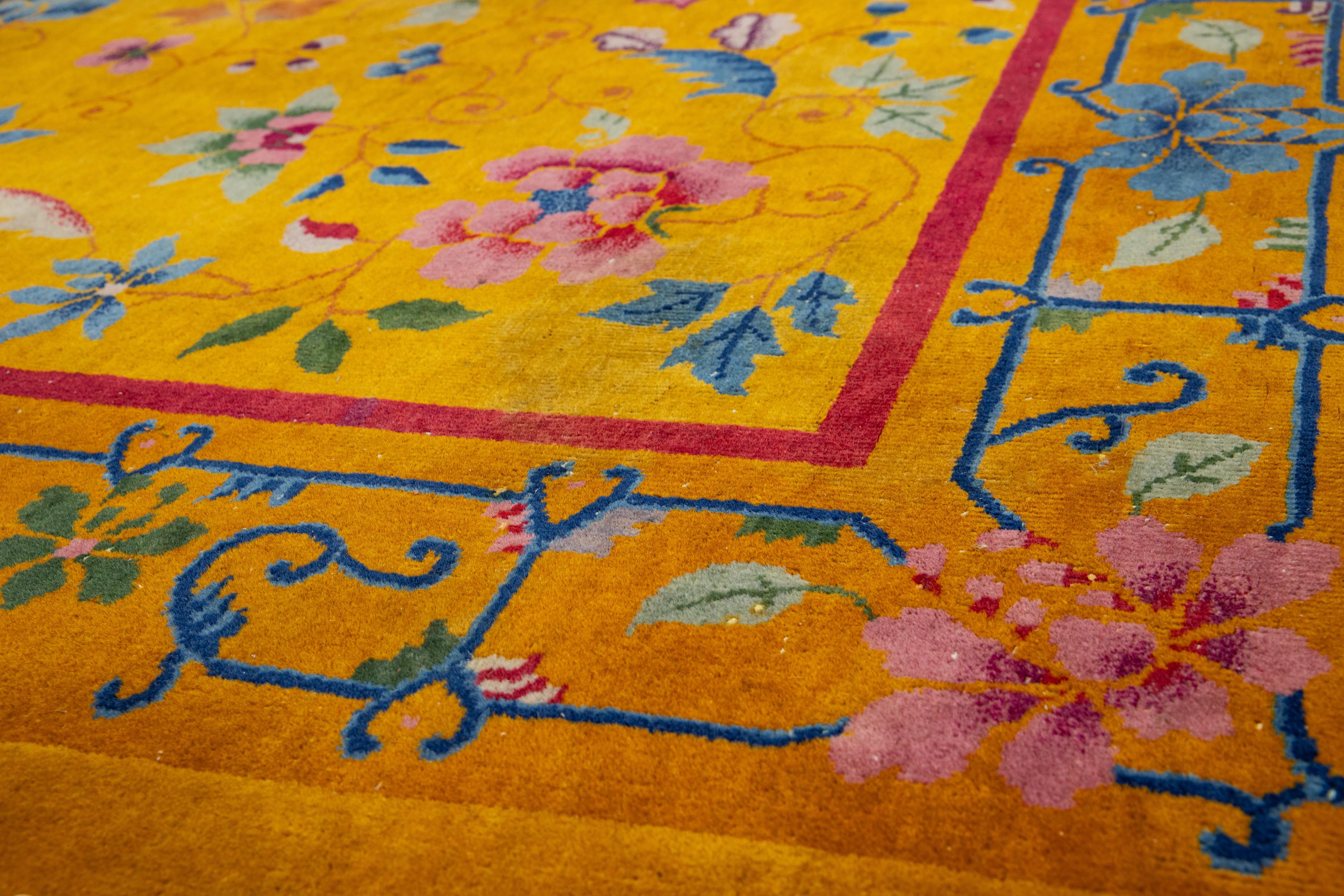 Wool Antique 1920s Chinese Art Deco Rug In Goldenrod with Floral Motif For Sale