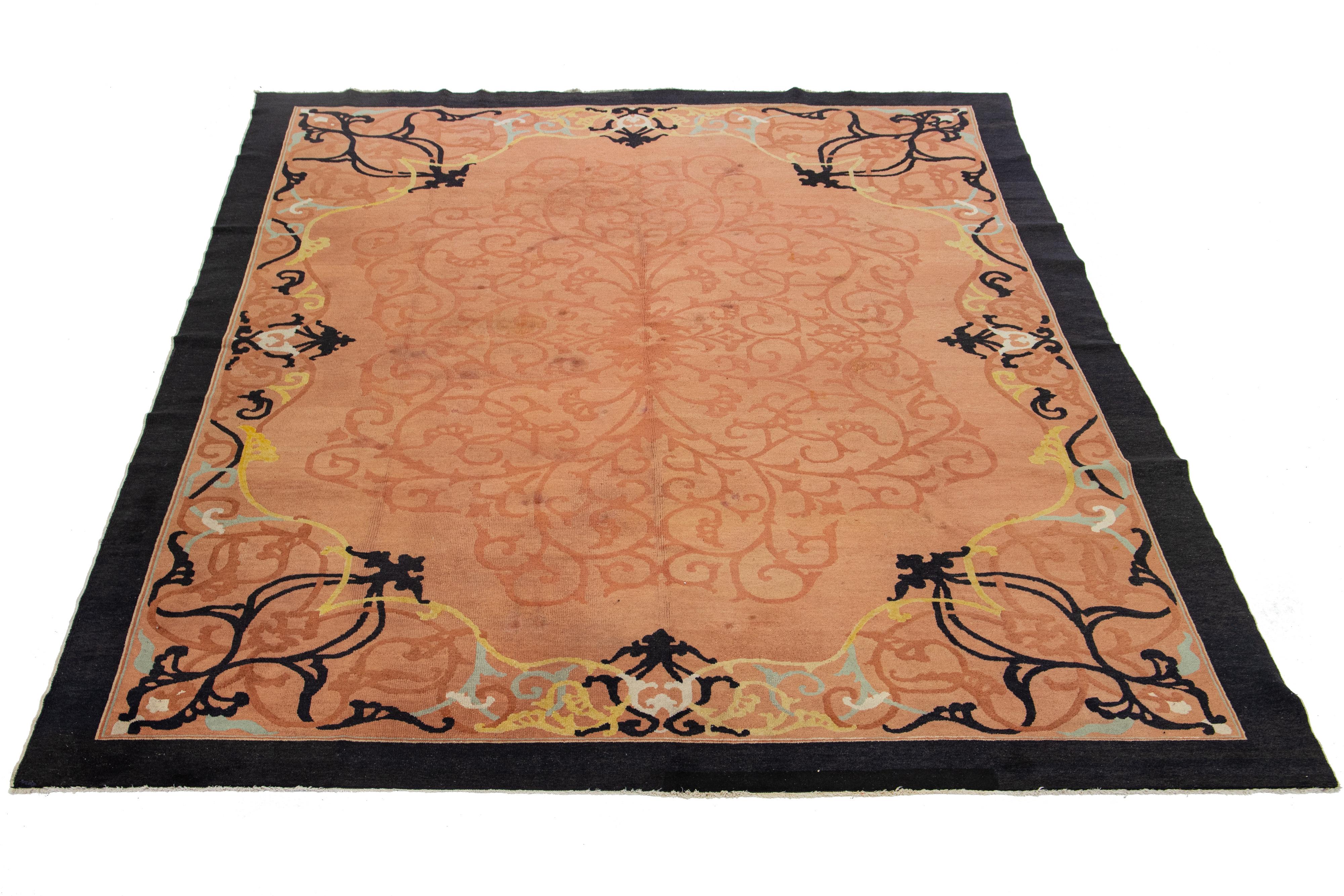 Antique 1920s Chinese Art Deco Rug In Terracota Color with Floral Scroll Pattern For Sale 4