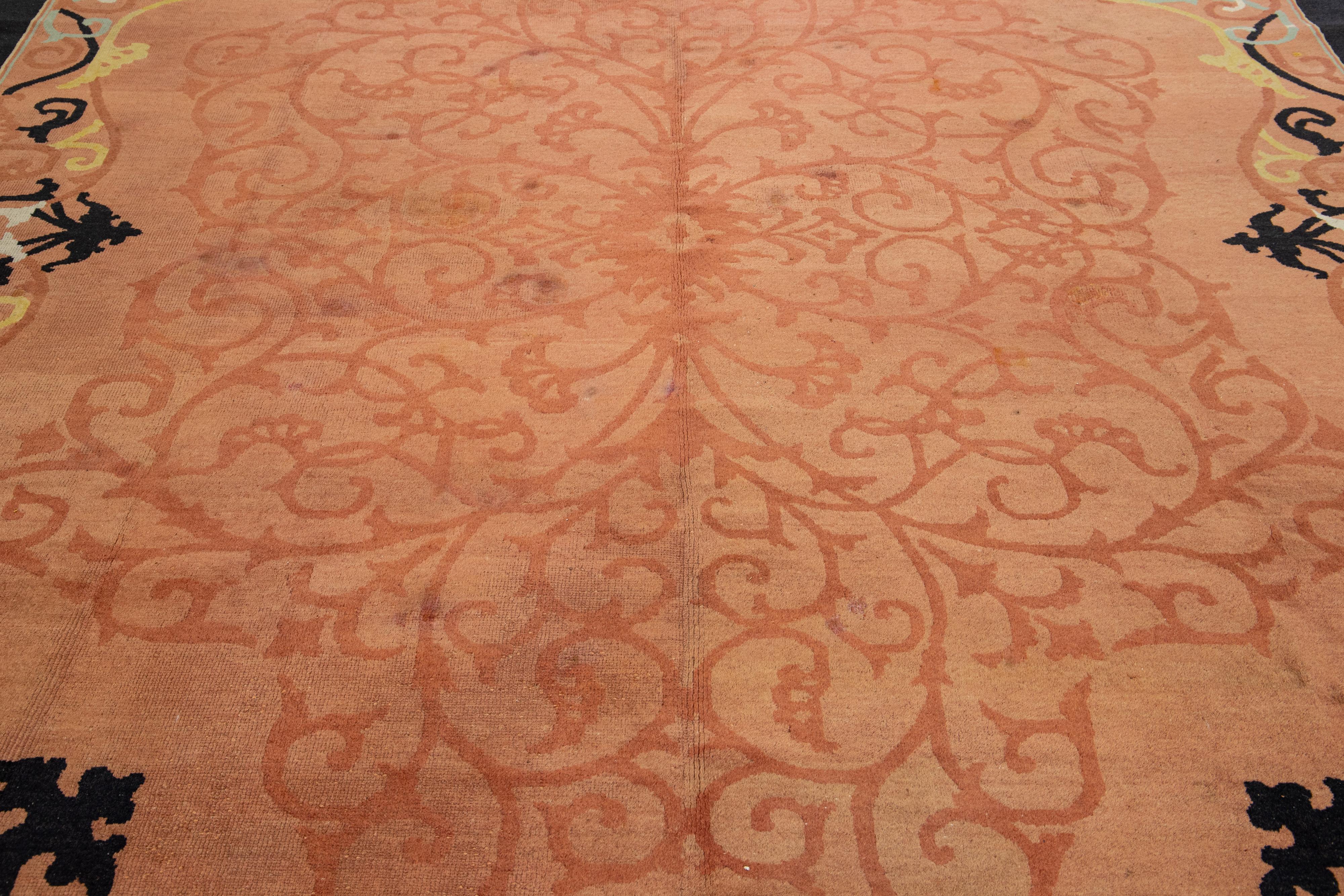 Antique 1920s Chinese Art Deco Rug In Terracota Color with Floral Scroll Pattern For Sale 5