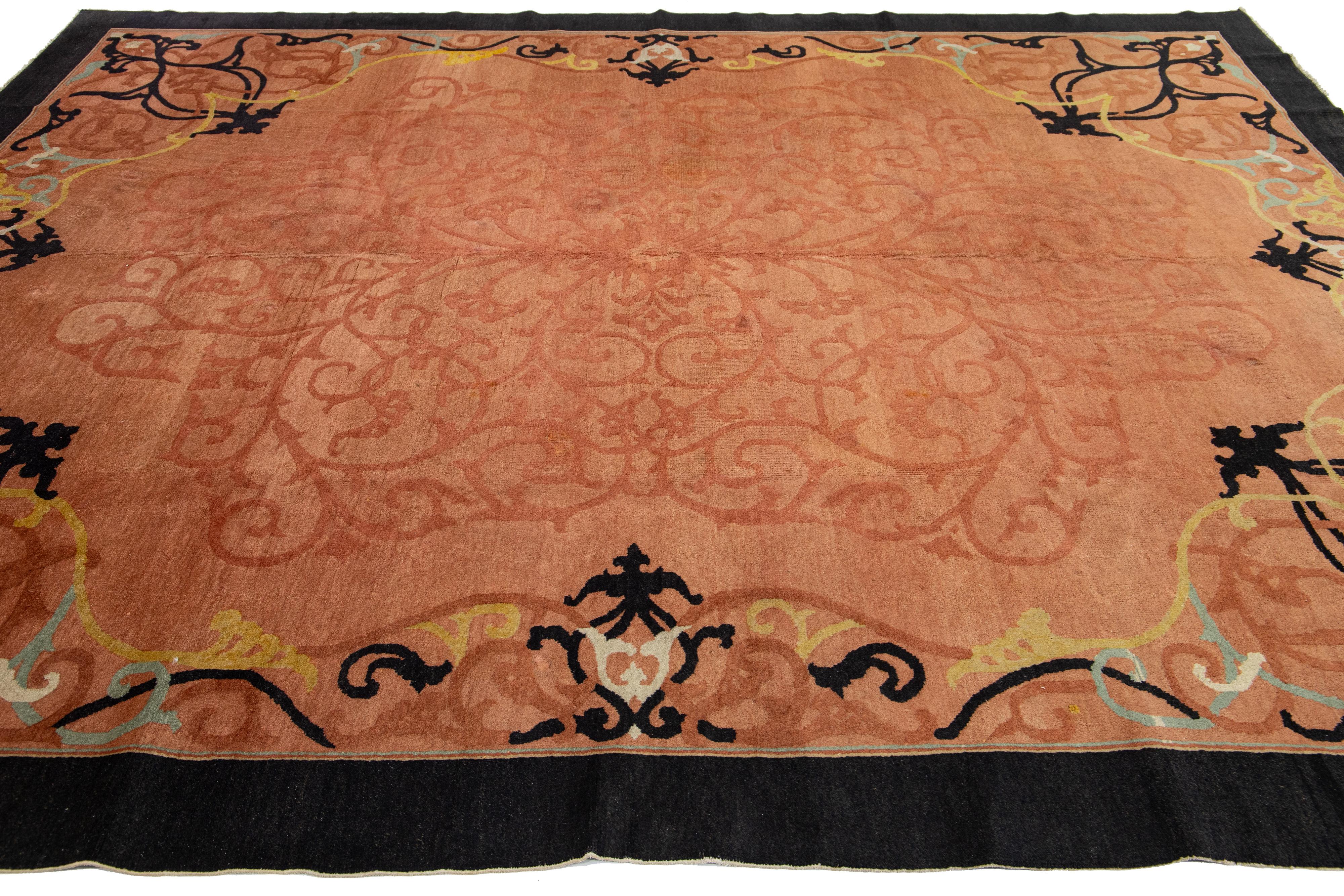 Antique 1920s Chinese Art Deco Rug In Terracota Color with Floral Scroll Pattern In Good Condition For Sale In Norwalk, CT