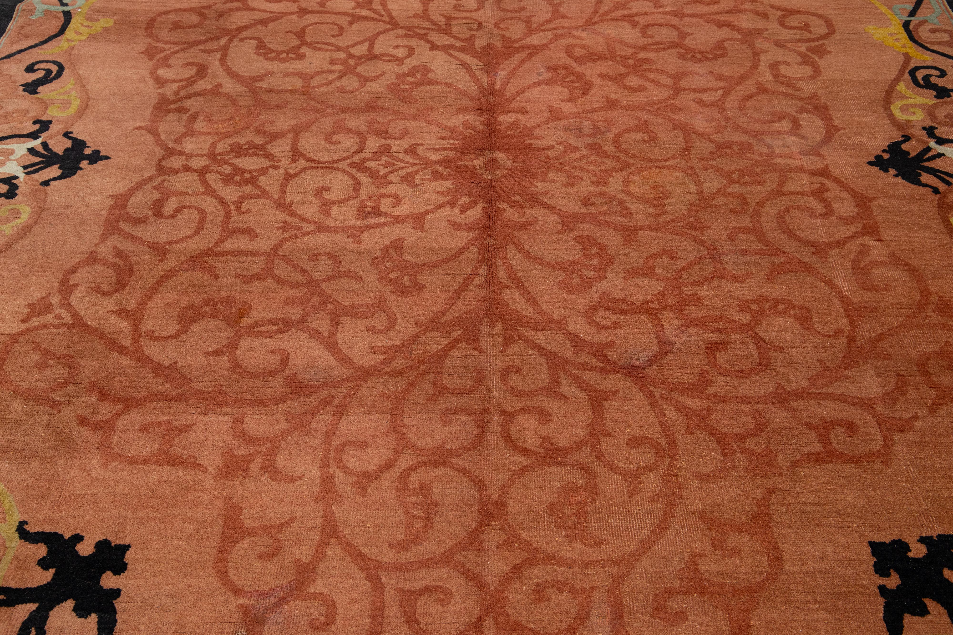 Wool Antique 1920s Chinese Art Deco Rug In Terracota Color with Floral Scroll Pattern For Sale