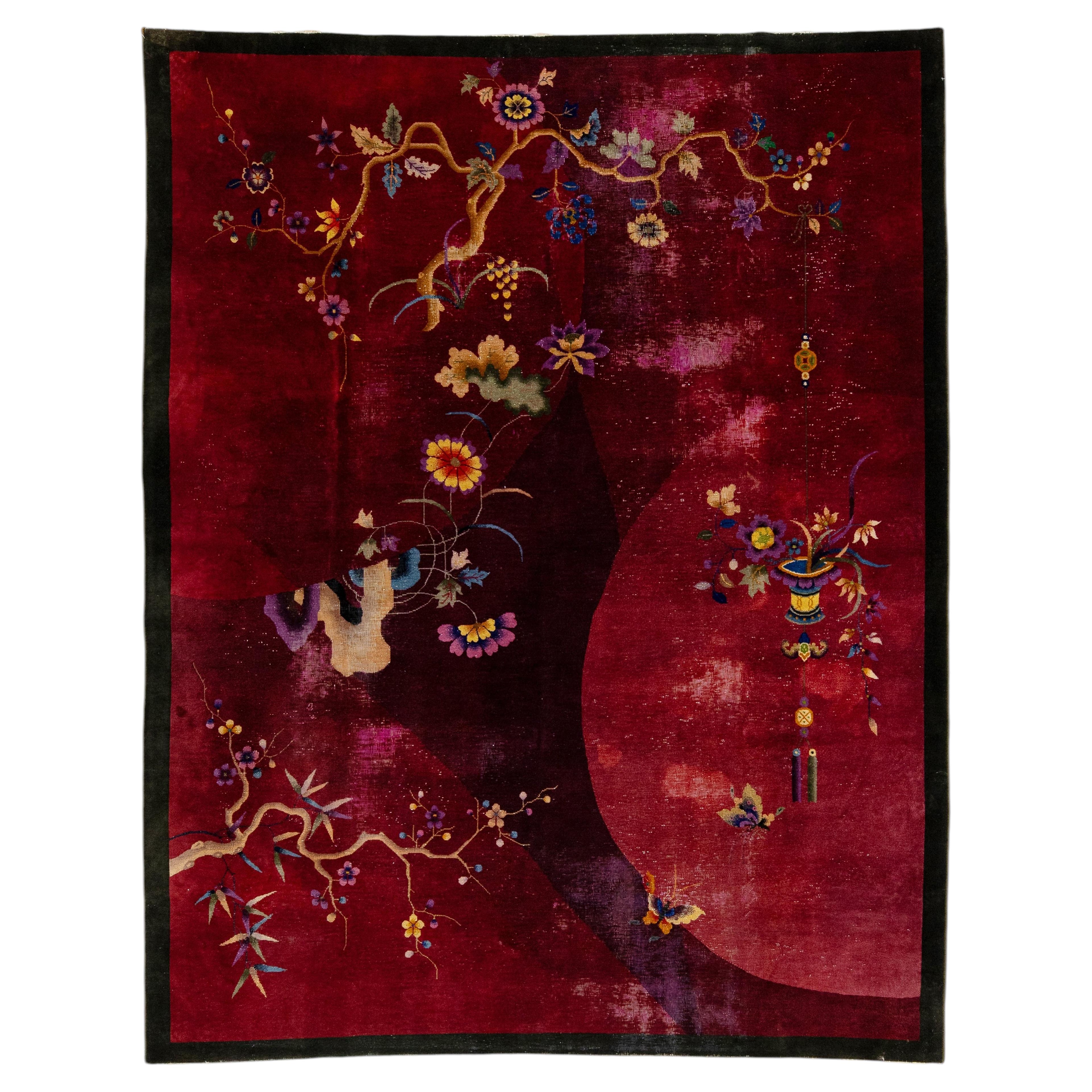 Antique 1920s Chinese Art Deco Wool Rug in Rich Ruby, Plum & Magenta 9x11