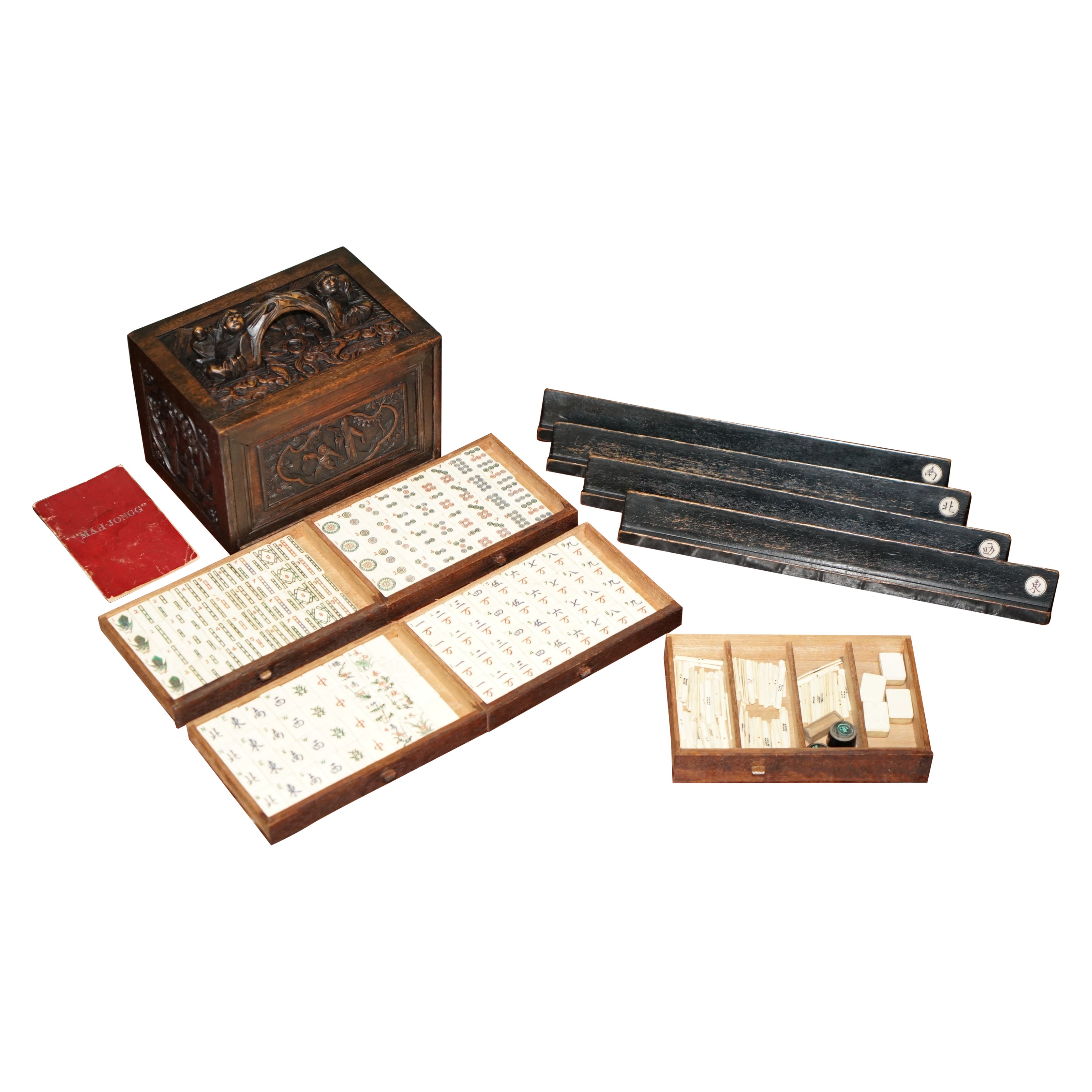 ANTIQUE 1920's CHINESE CHINOISERIE CARVED MAHJONG SET WITH THE ORIGINAL RACKS