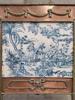 Antique 1920s Copper and Brass Firescreen With Schumacher Asian Toile