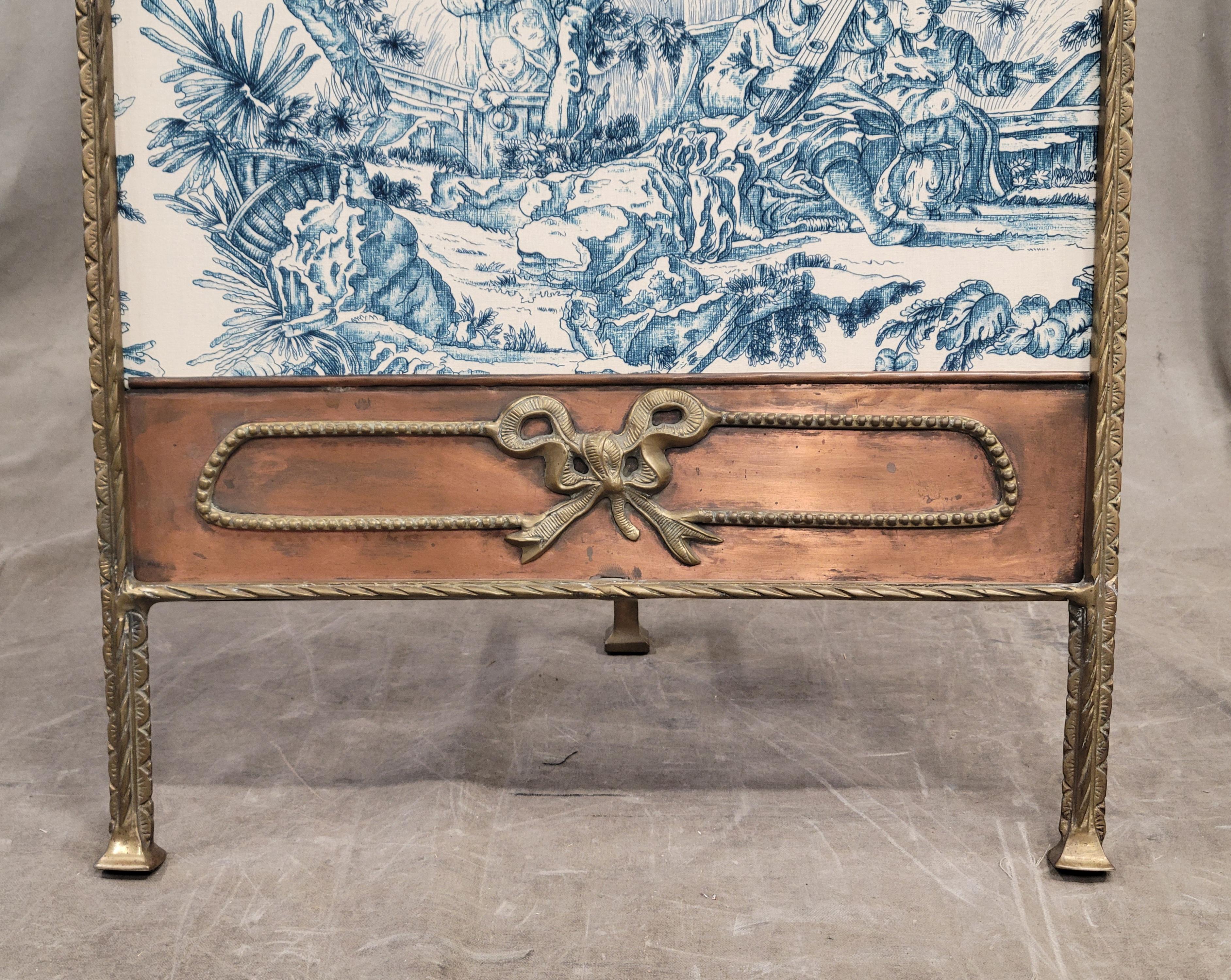 Antique 1920s Copper and Brass Firescreen With Schumacher Asian Toile 2