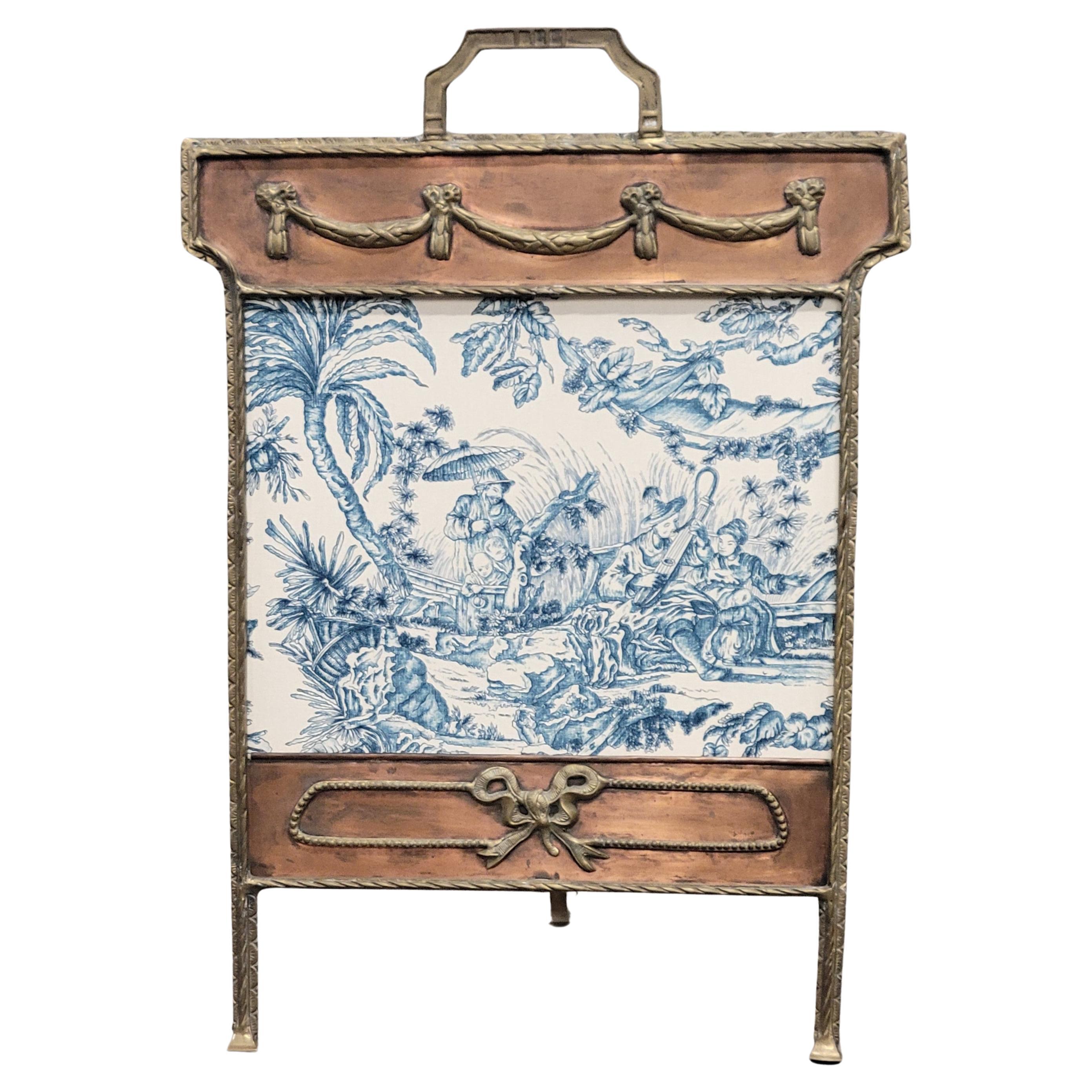 Antique 1920s Copper and Brass Firescreen With Schumacher Asian Toile