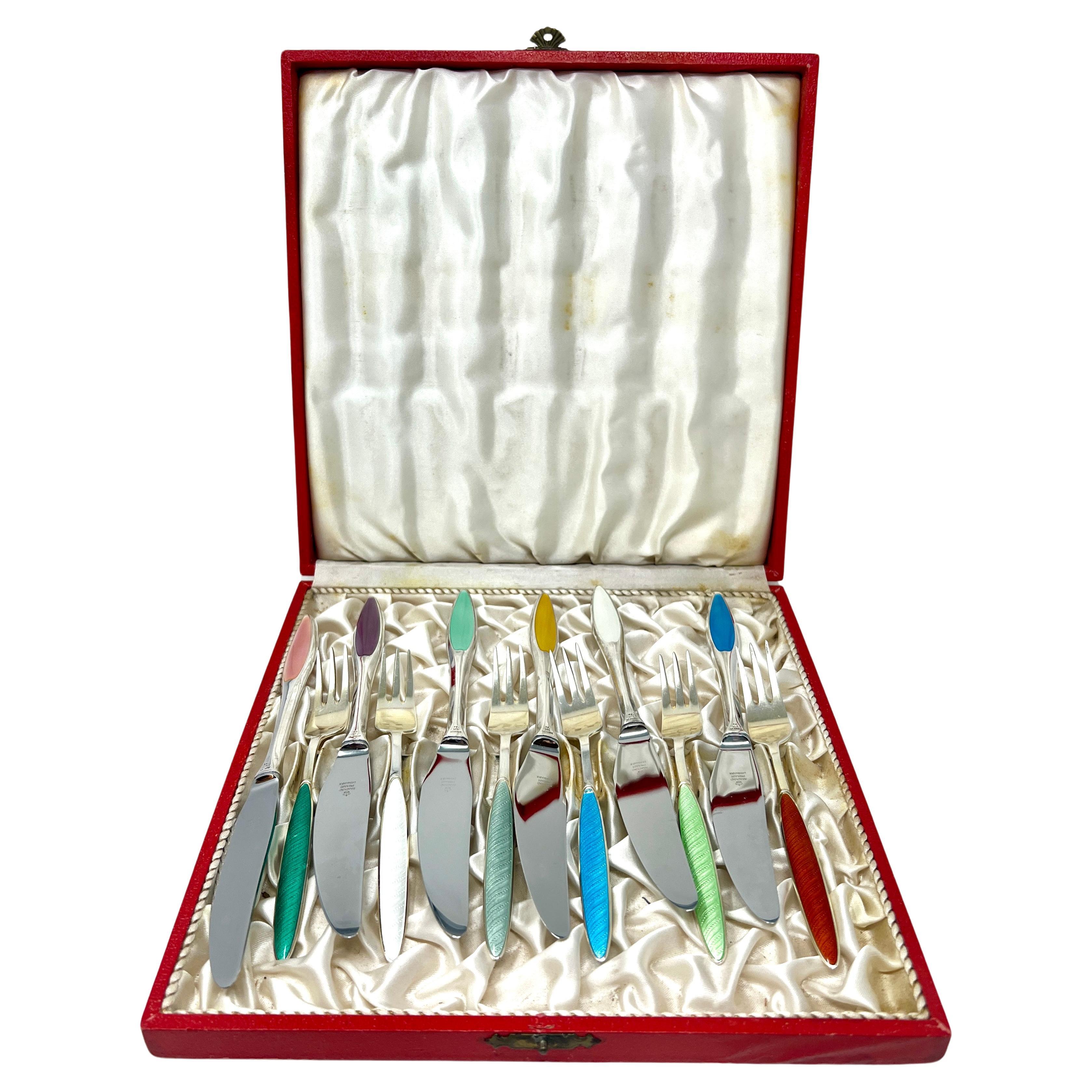 Antique 1920s Danish Sterling Silver & Colored Enamel 12 pce Luncheon Set in Box For Sale