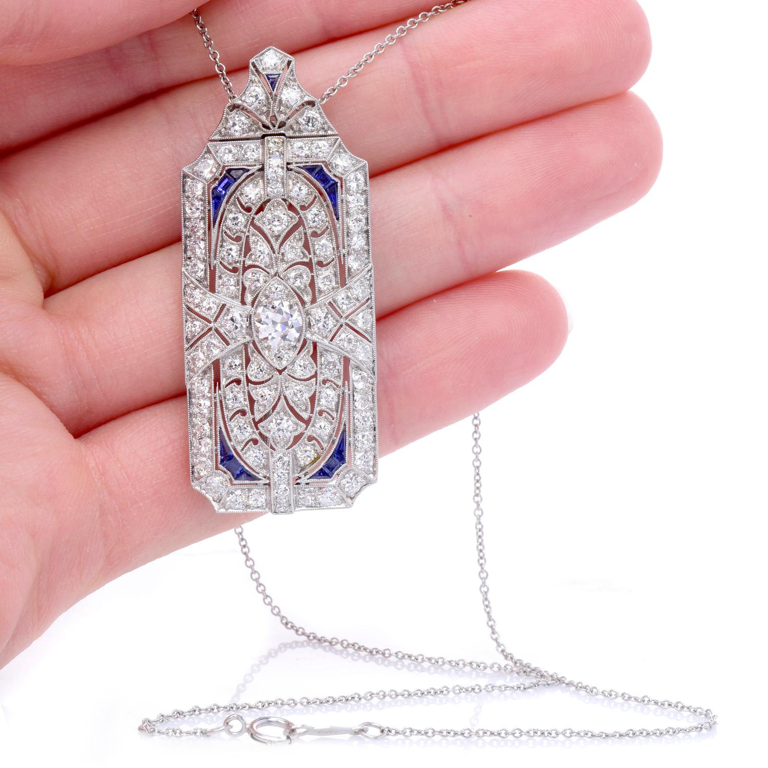 Antique 1920's Deco Diamond Platinum Necklace Pendant & Brooch Pin In Excellent Condition In Miami, FL
