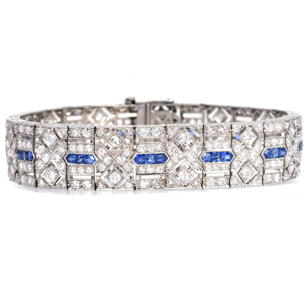 Antike 1920er Jahre Deco Diamant und Saphir Platin Geometrische Link-Armband.

Dieses meisterhaft aus Platin gefertigte Stück zeigt die unvergleichliche Handwerkskunst der Art-Déco-Ära.

Das Armband zeichnet sich durch eine filigrane, offene
